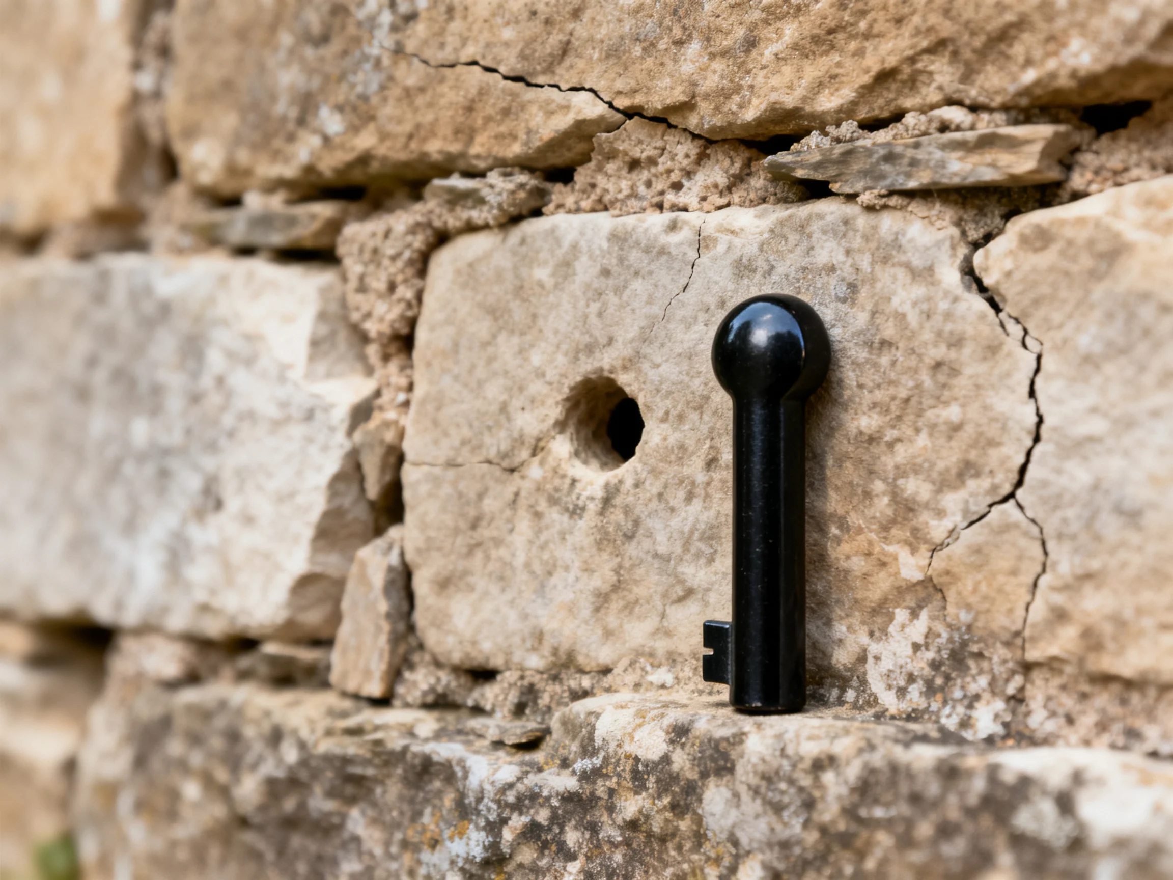 A black key beside a circular hole in an aged stone wall