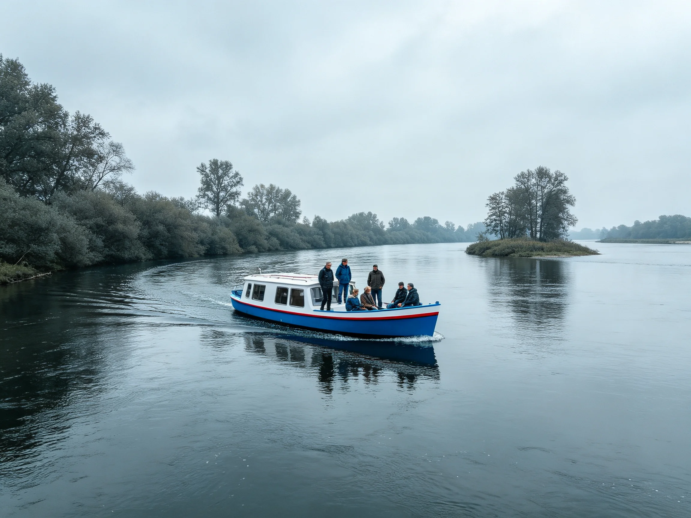 A blue and white boat carries six passengers along a calm river