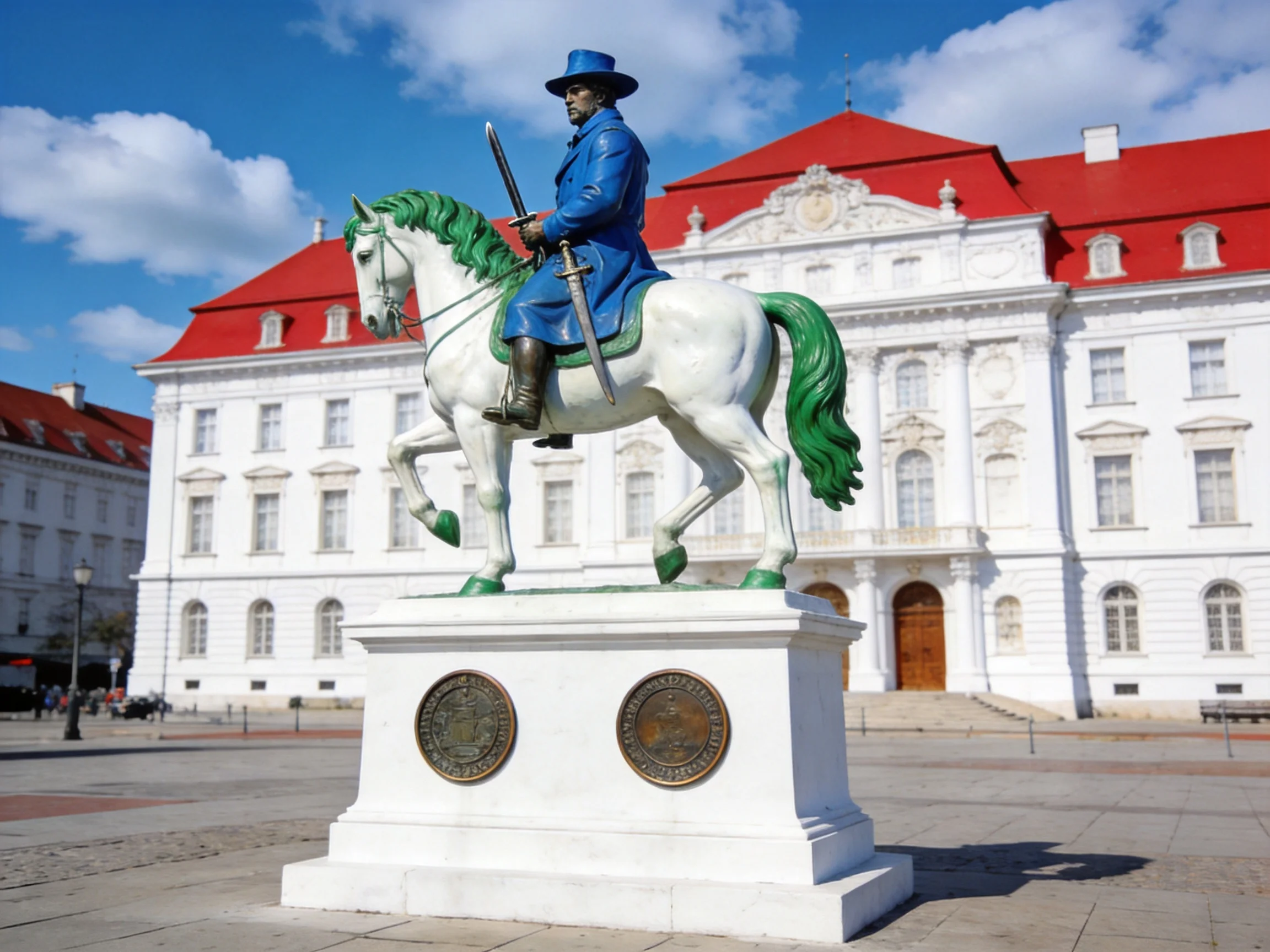 A blue-clad equestrian statue with a white horse stands before a grand white building with red roofs.