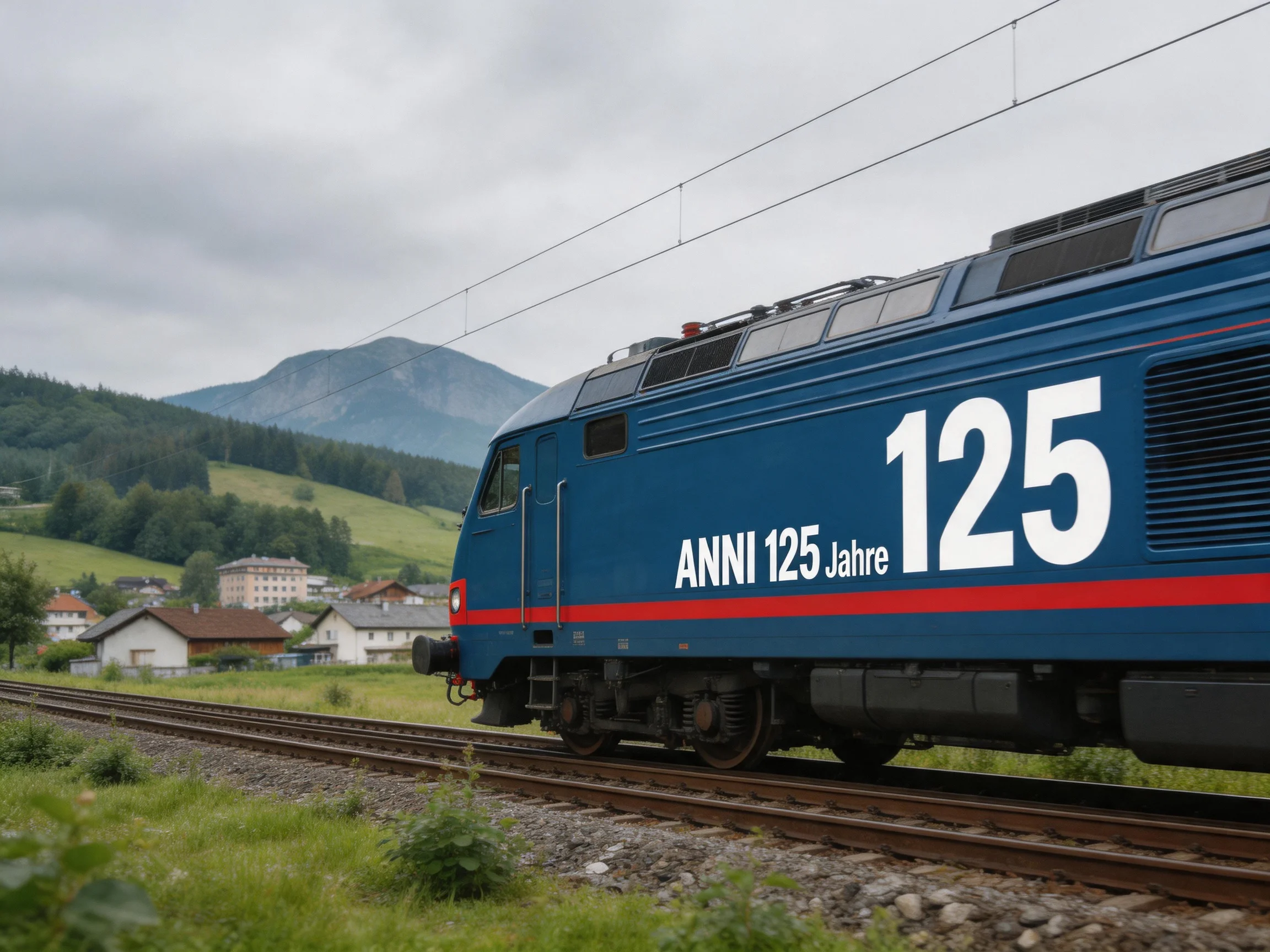 A blue electric locomotive marked 125 travels through a rural mountainous area