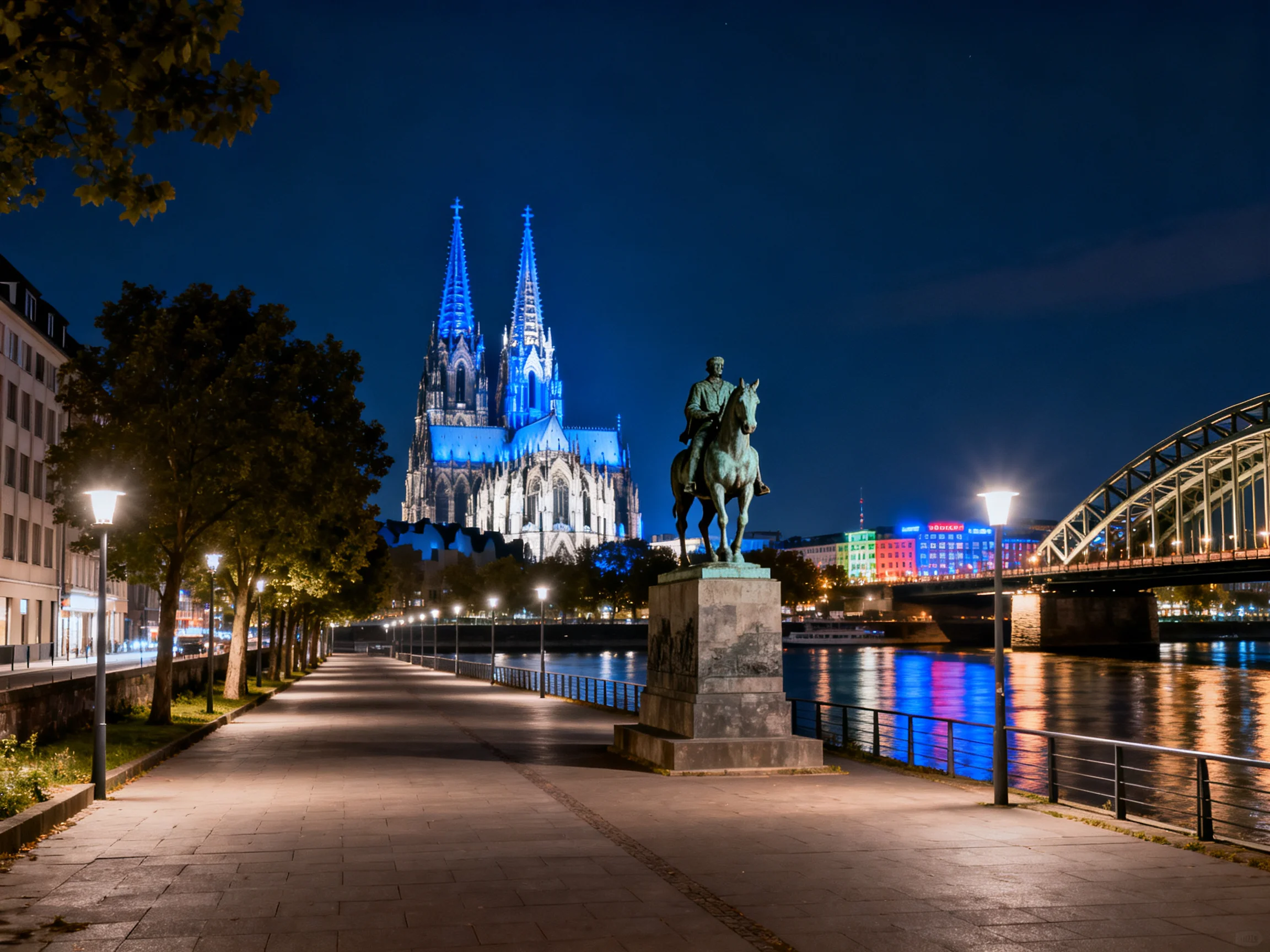 A blue-lit cathedral overlooks a riverside promenade with a horse rider statue