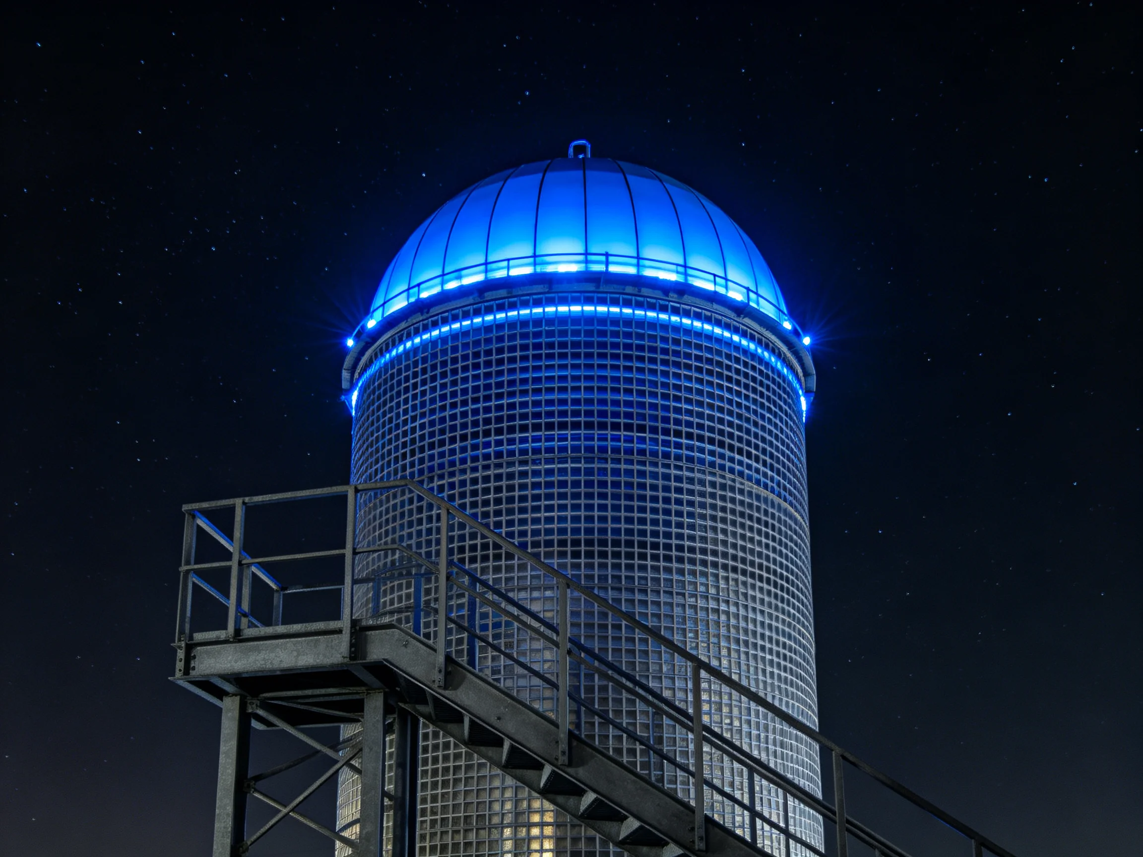 A blue-lit cylindrical tower stands against a starry night sky