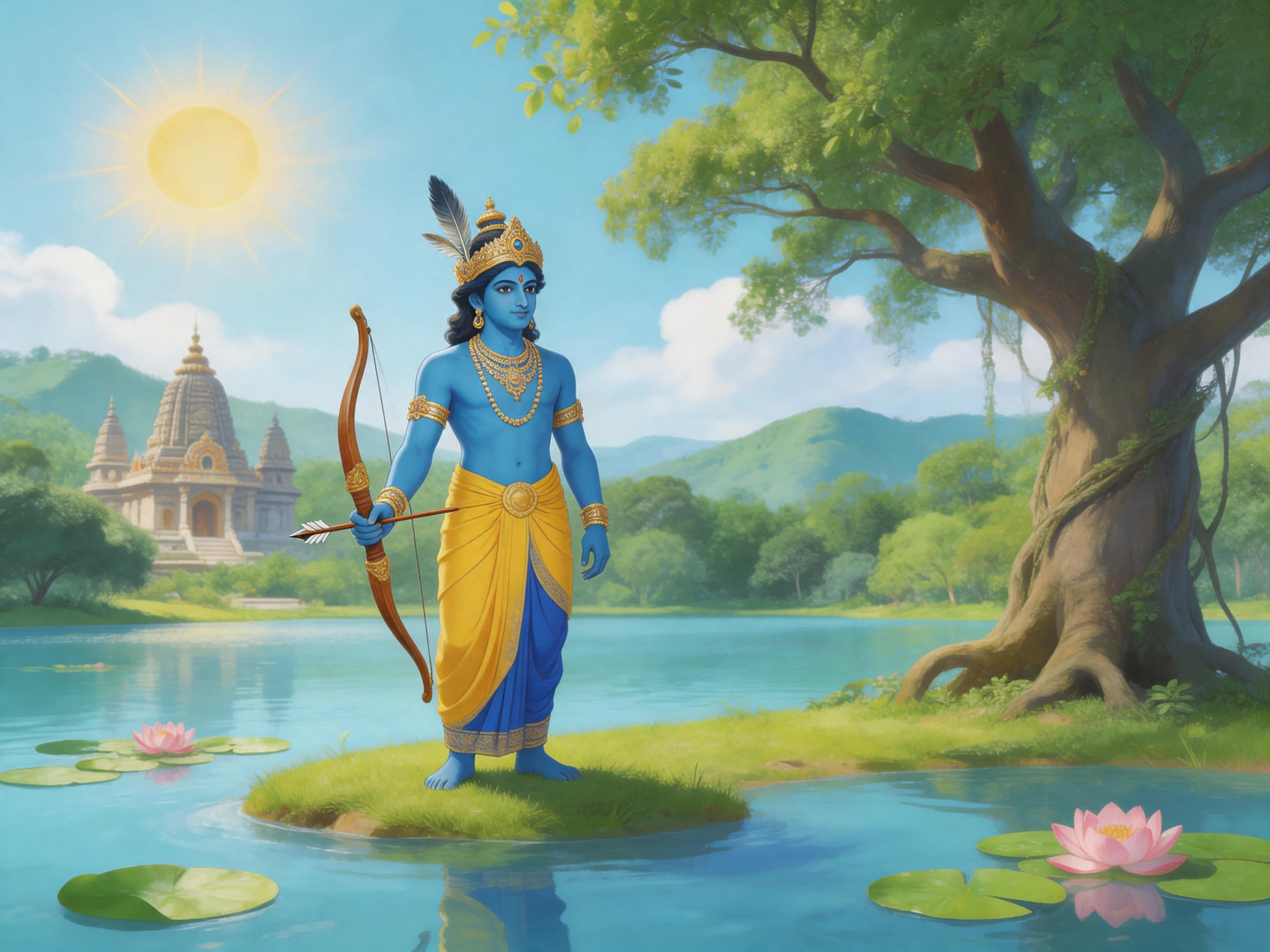 A blue-skinned deity with bow by serene lake near ancient temple
