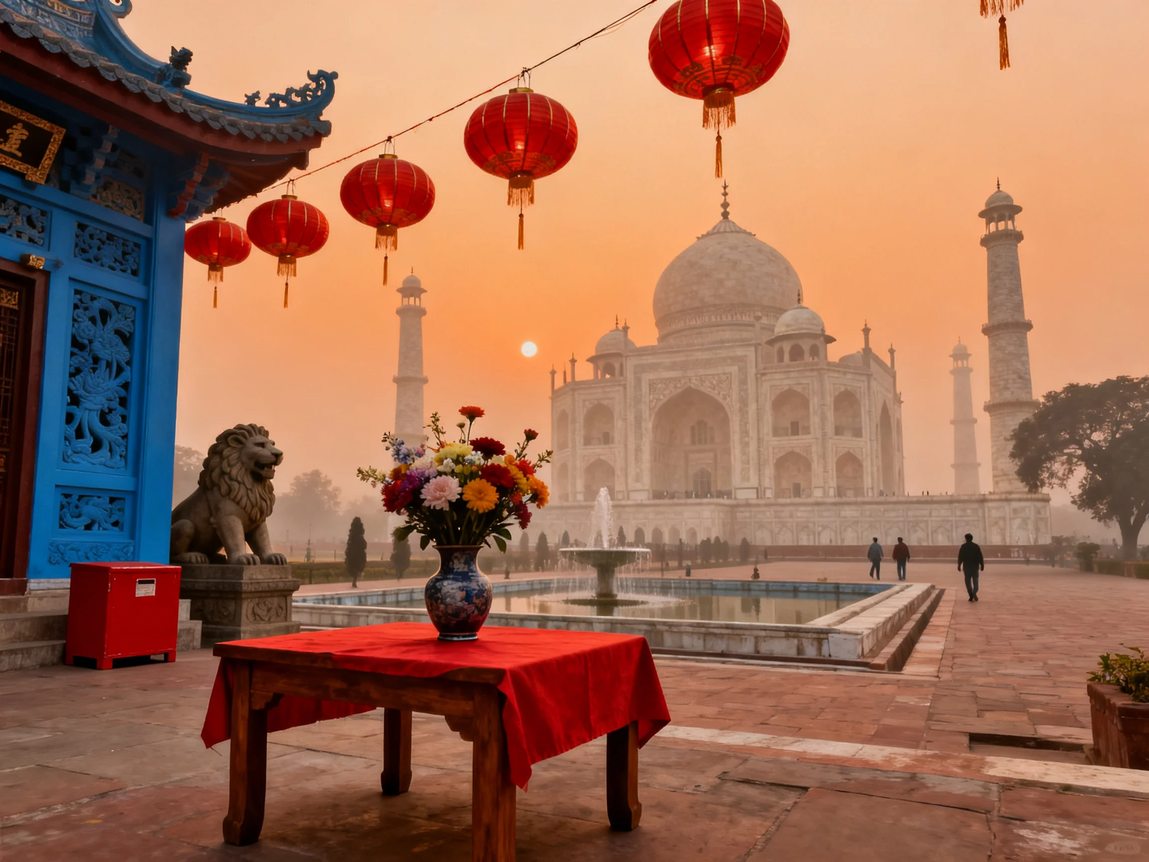 A blue temple with red lanterns near a misty white monument