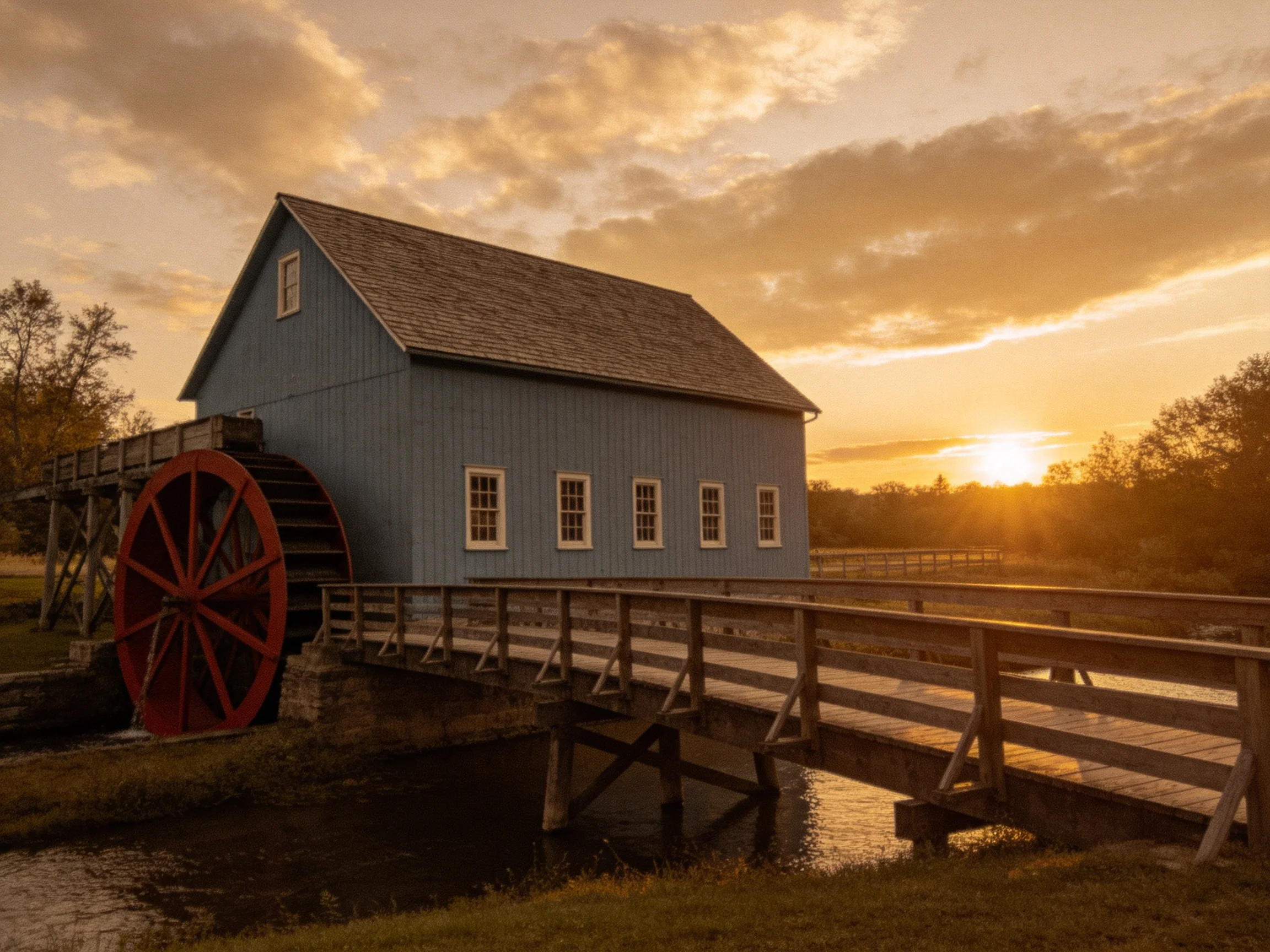 A blue wooden mill with a large red water wheel near a wooden bridge
