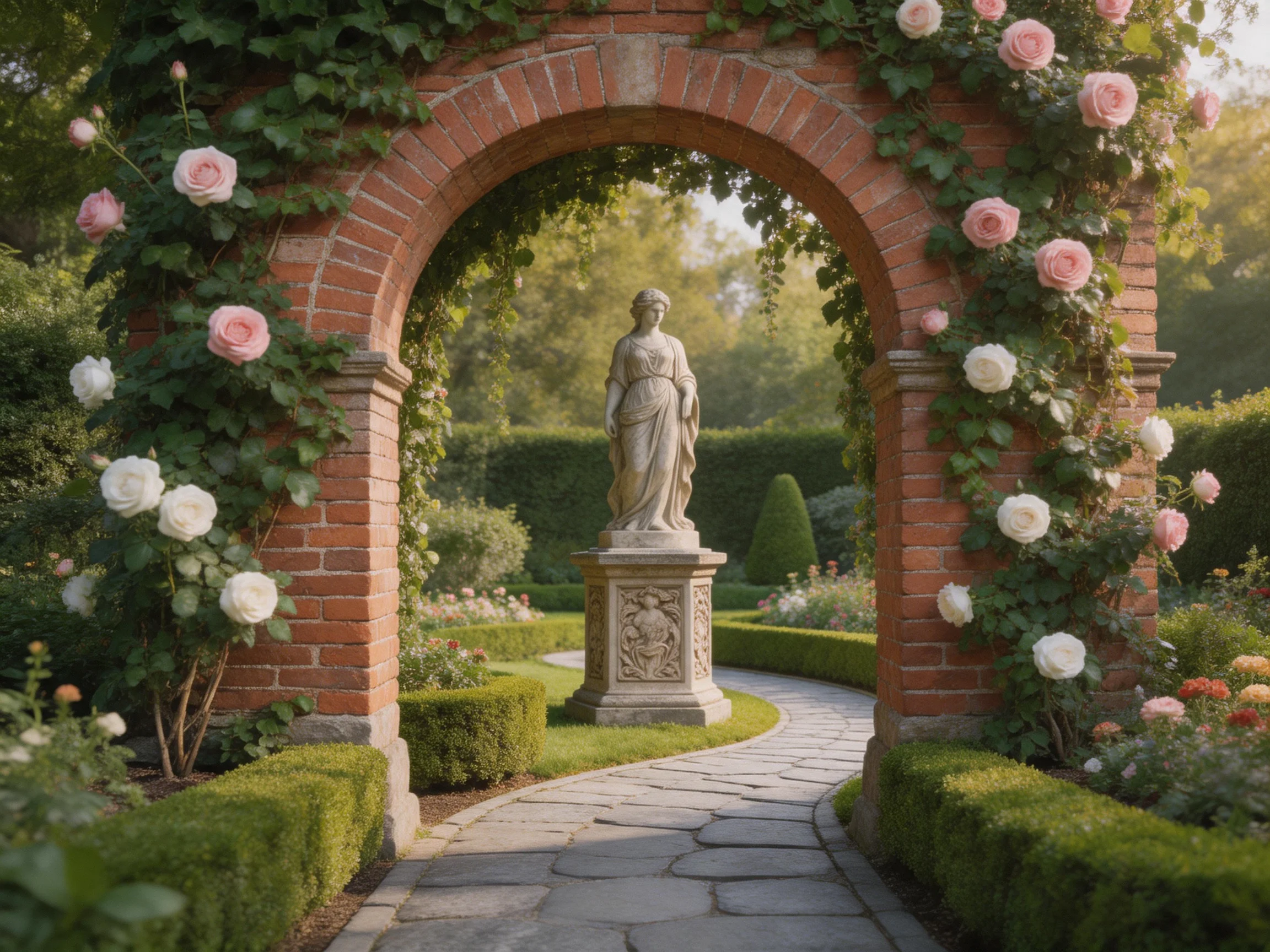 A brick archway adorned with pink and white roses near a stone statue