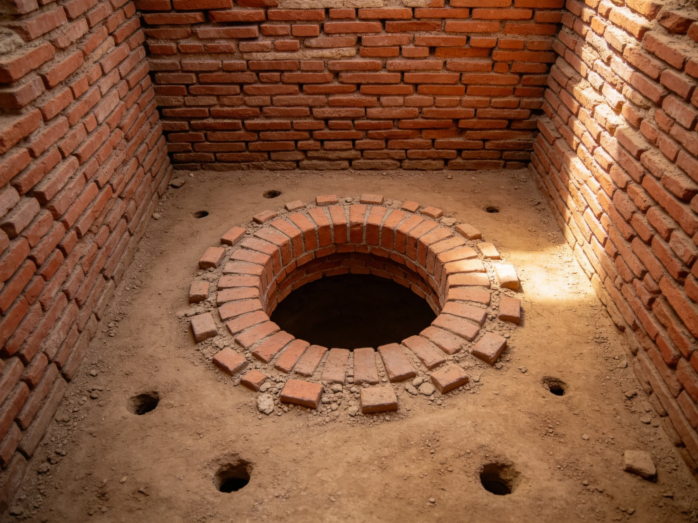 A brick-walled room with a central circular brick-lined pit