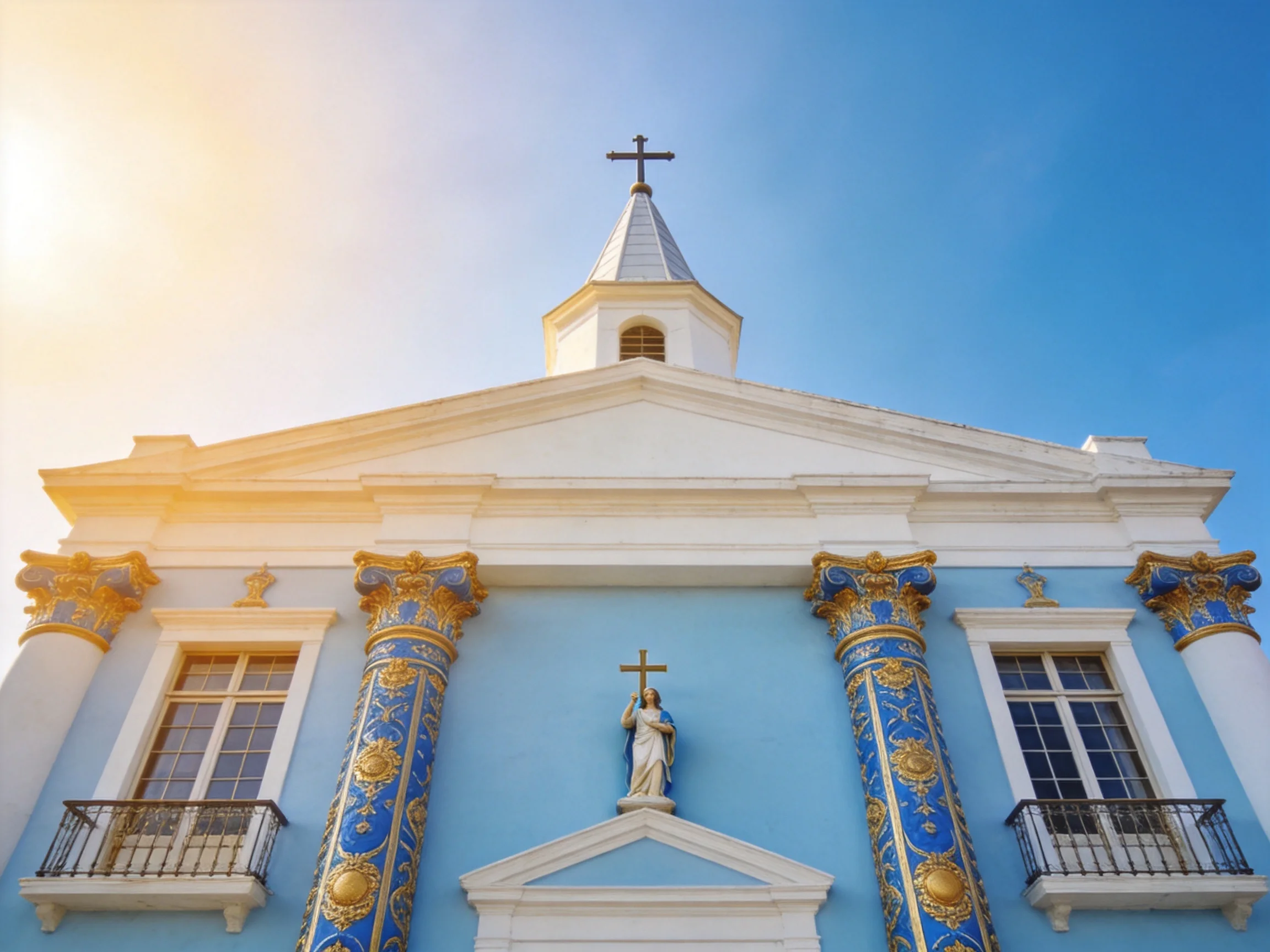 A bright blue church with ornate gold columns and a tall spire