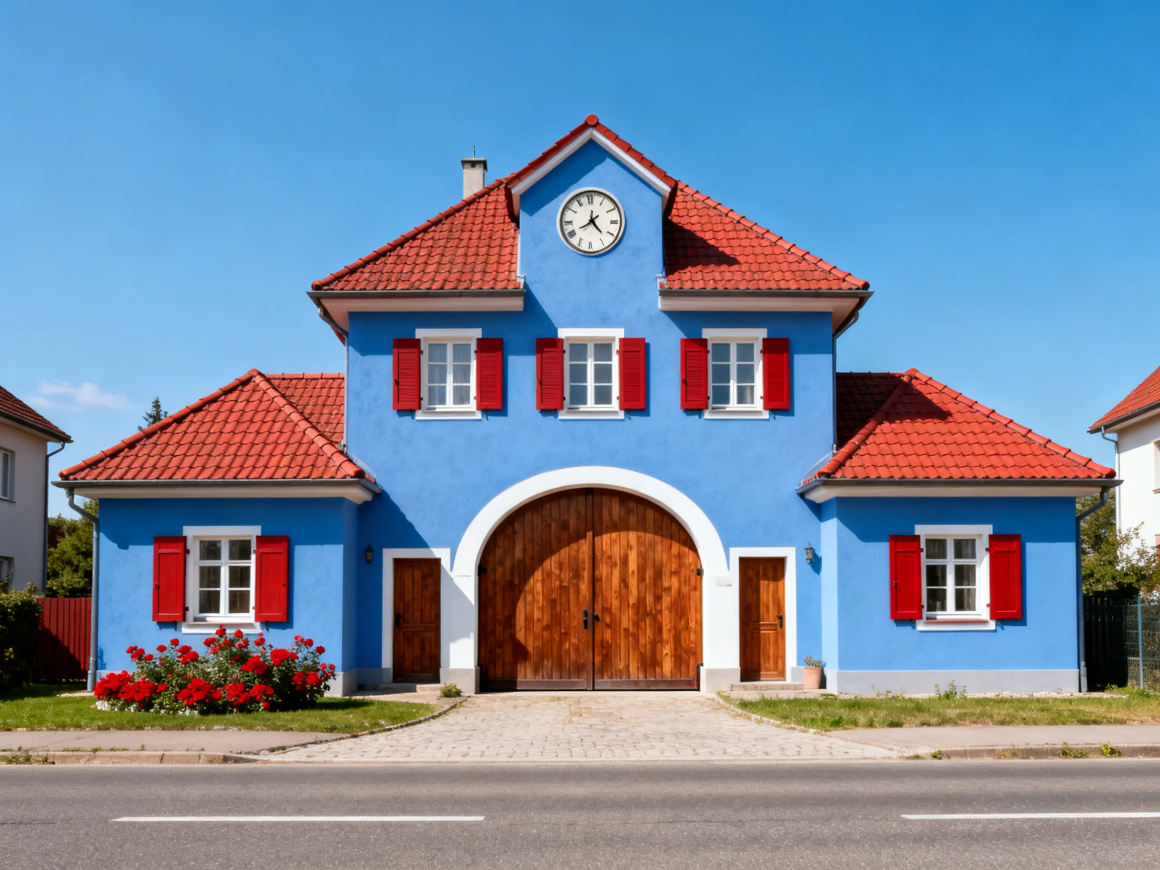 A bright blue two - story house with red shutters and tiled roof