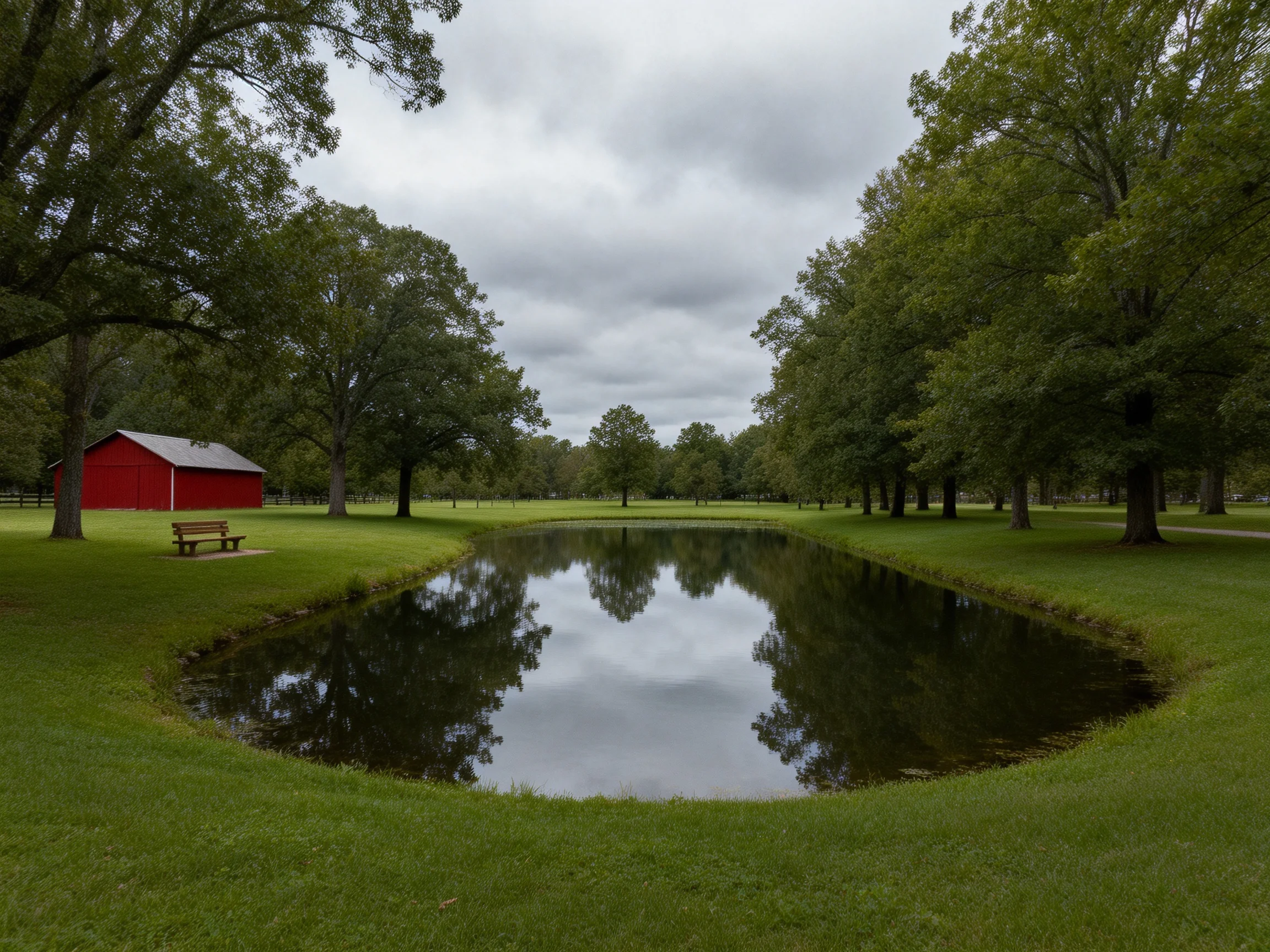 A bright red barn beside a calm pond surrounded by lush trees