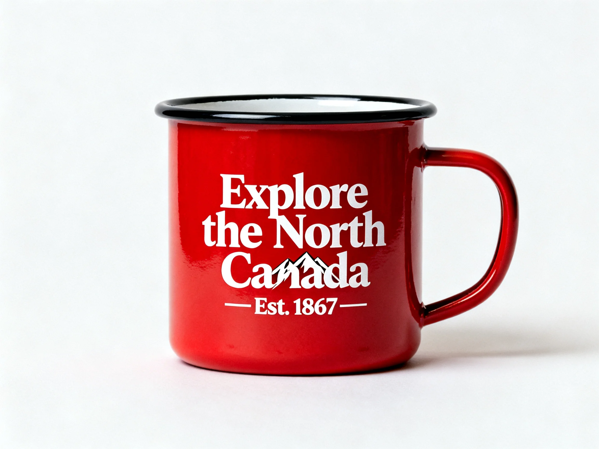 A bright red enamel mug with white promotional text