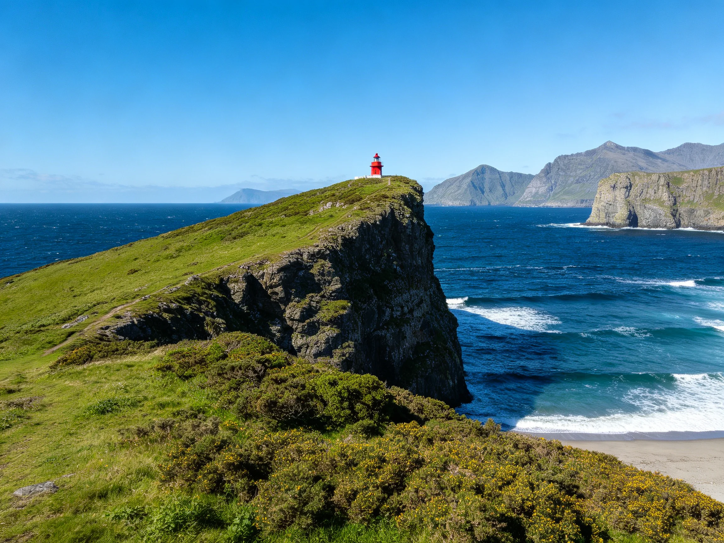 A bright red lighthouse atop a lush green cliffside overlooking deep blue waters