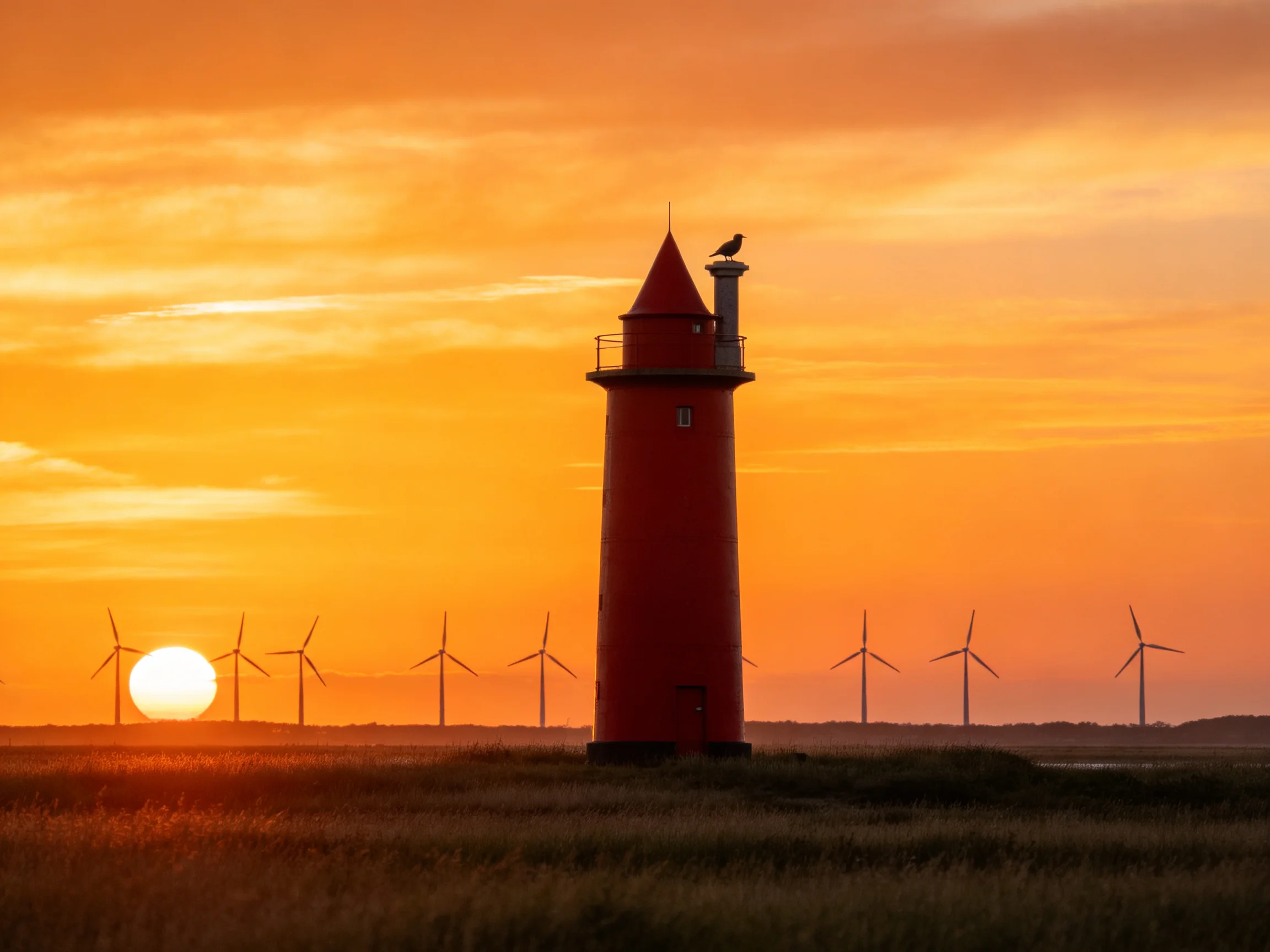 A bright red lighthouse beside wind turbines under a golden sunset