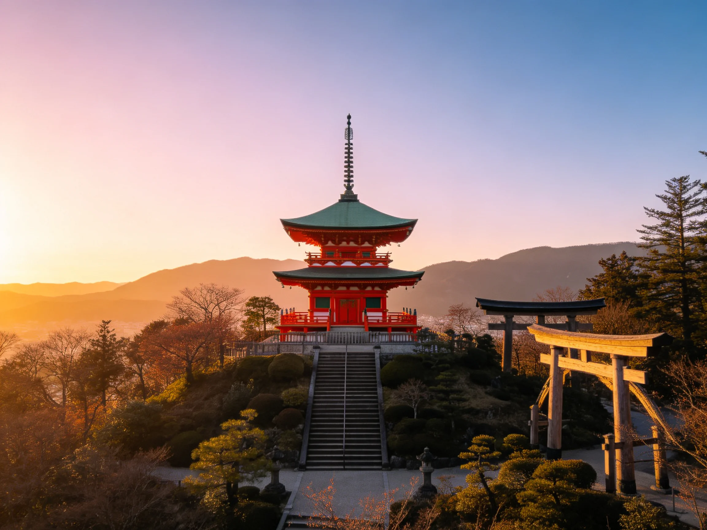 A bright red pagoda near torii gates under a colorful sunset