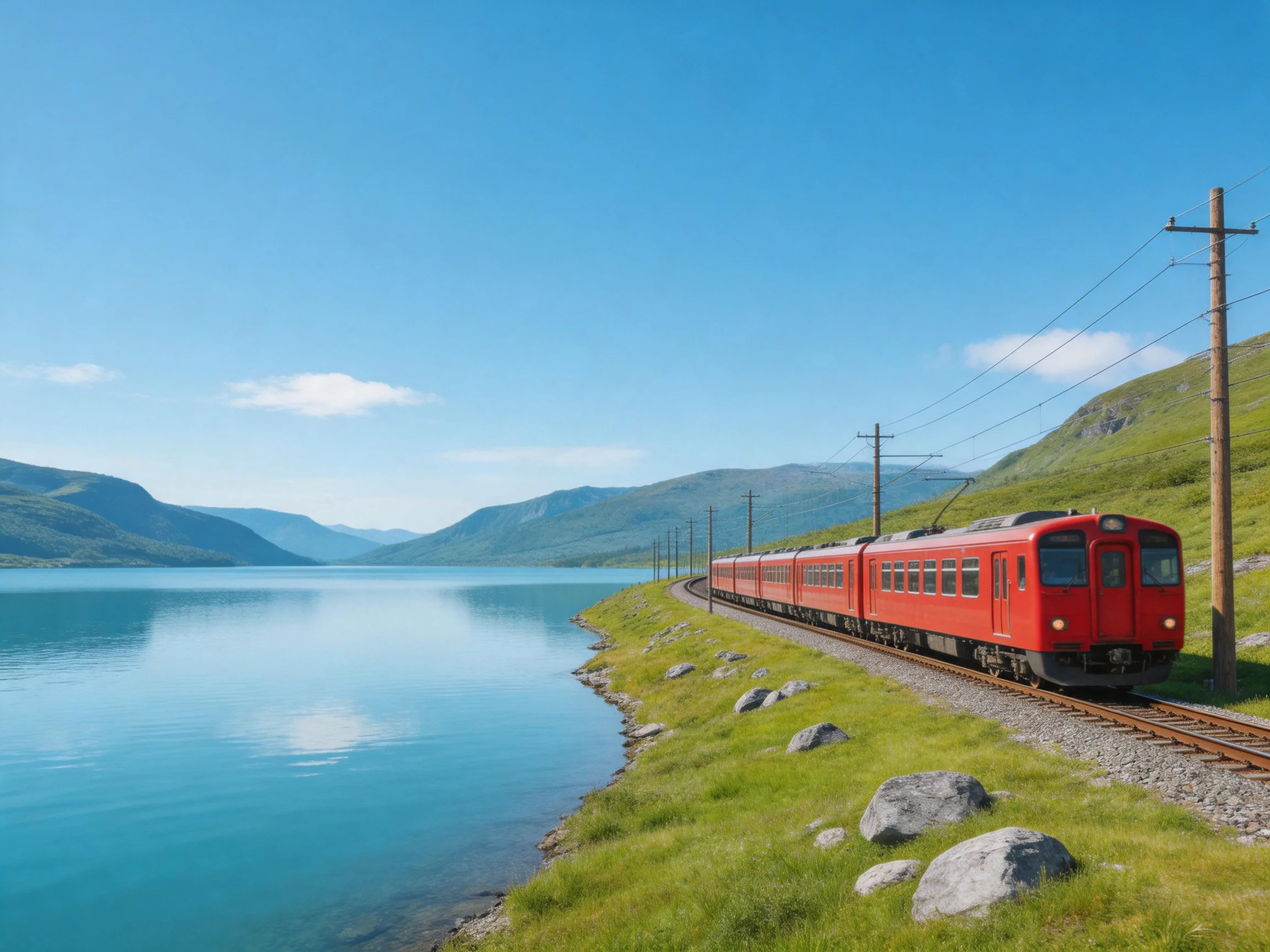 A bright red passenger train travels along a lakeside railway track