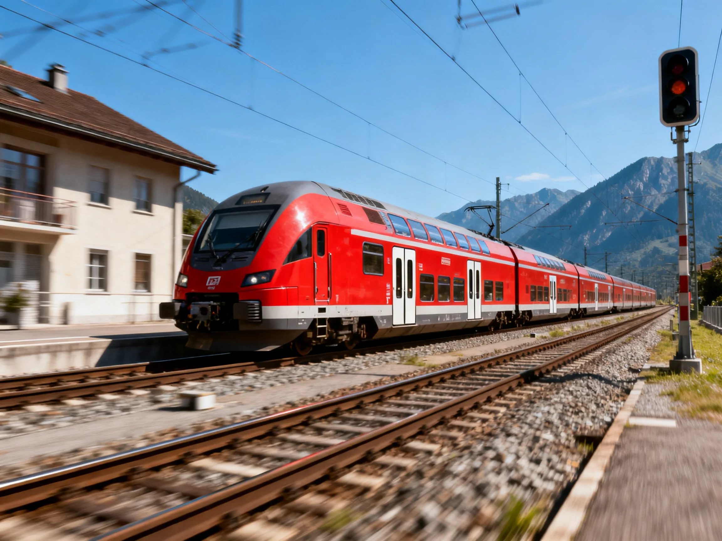 A bright red passenger train travels along railway tracks near mountains