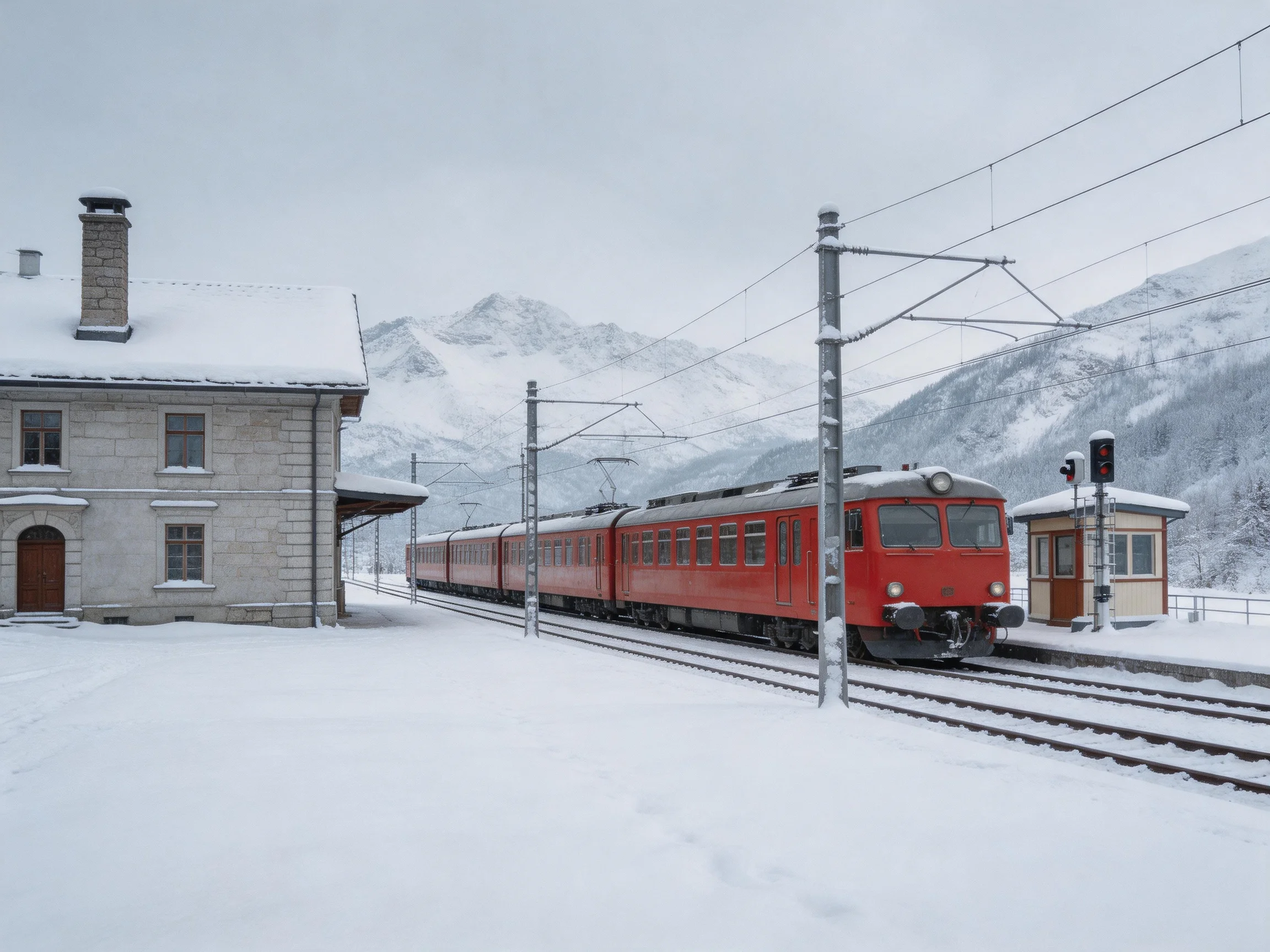 A bright red train at a snow-covered mountain railway station