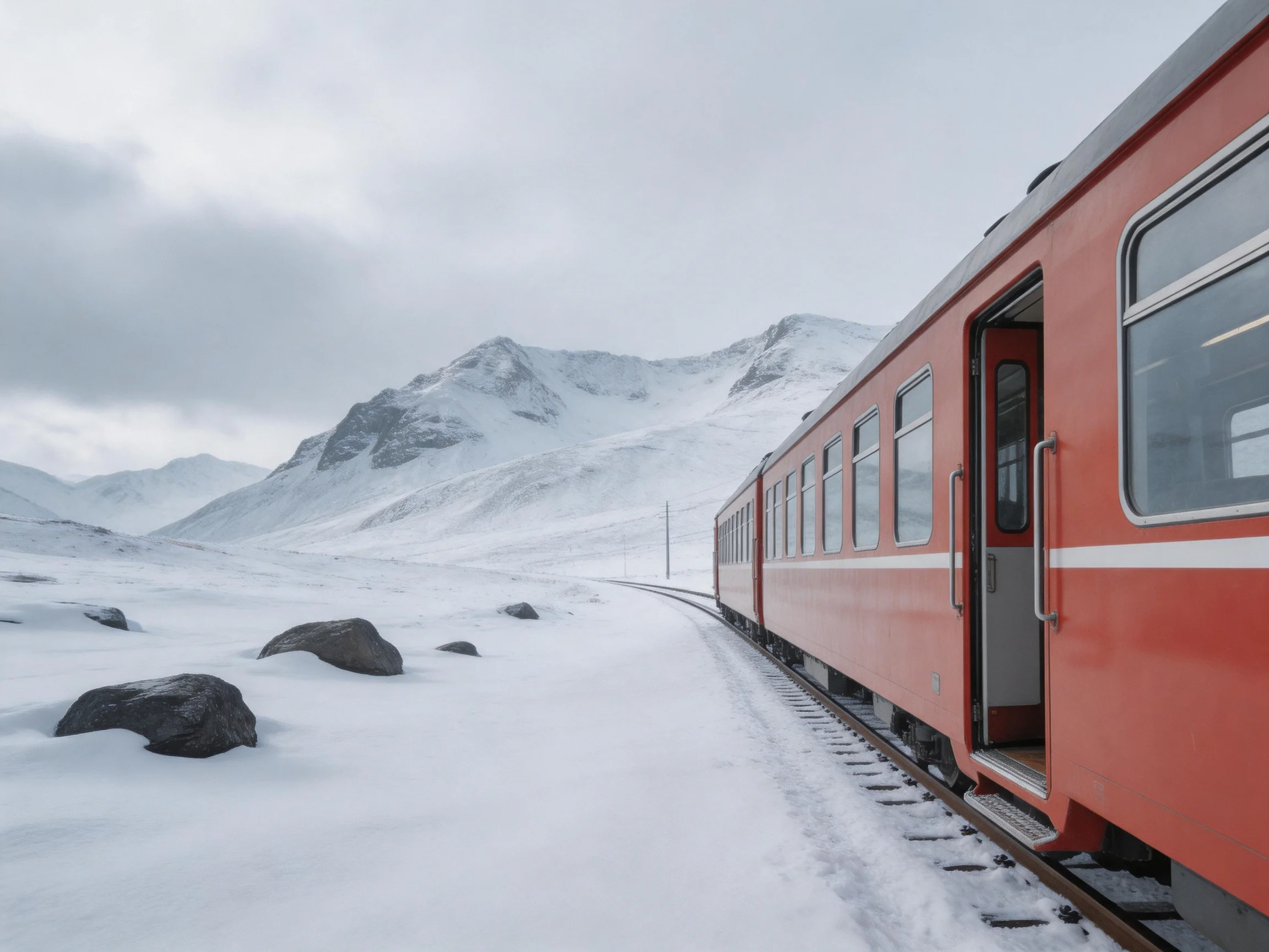 A bright red train travels along snow - covered tracks near mountain peaks