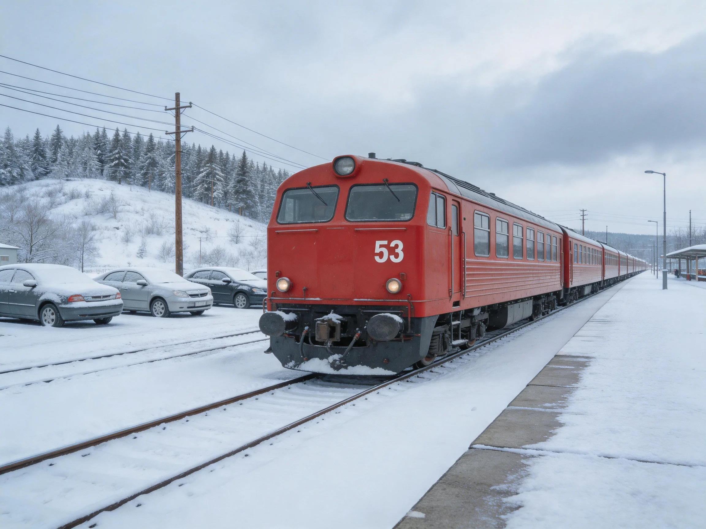 A bright red train travels along snow - covered tracks near parked cars