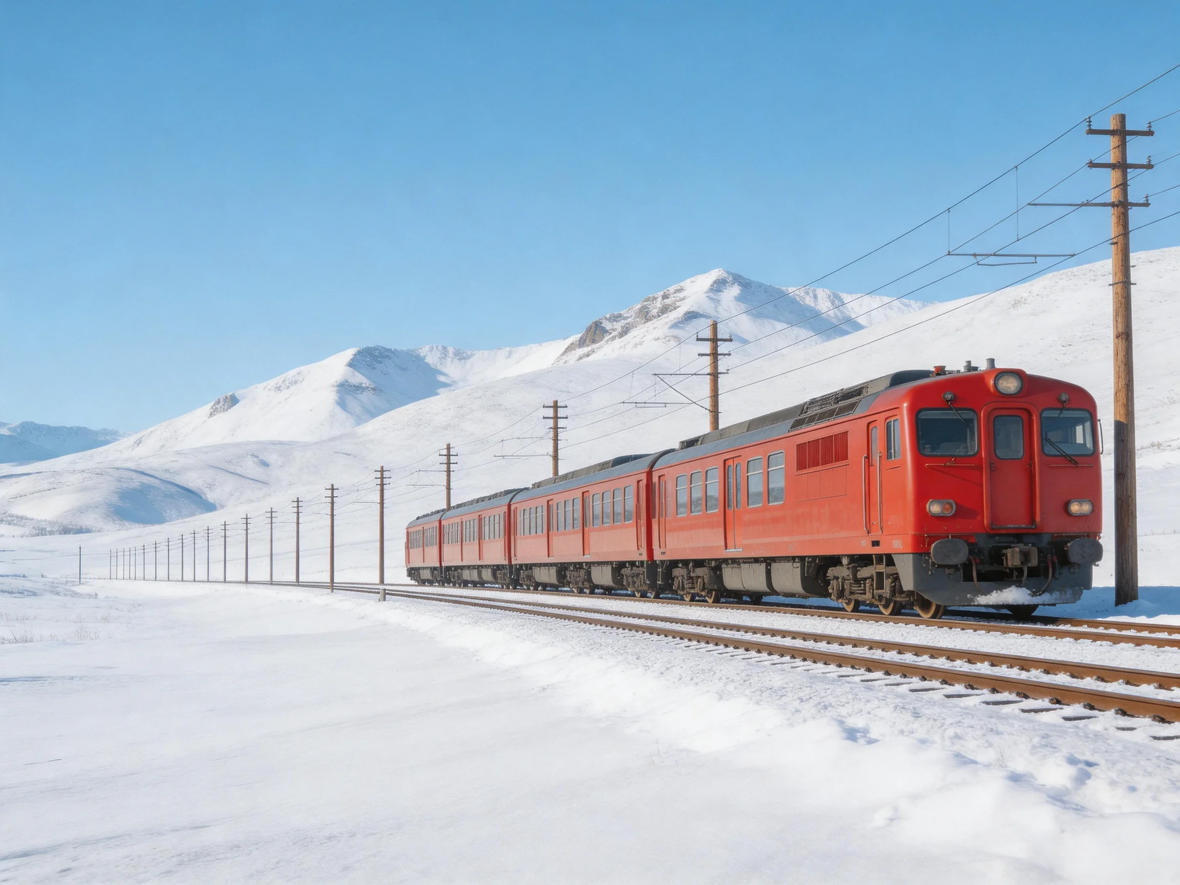 A bright red train travels along snow-covered tracks near white mountains
