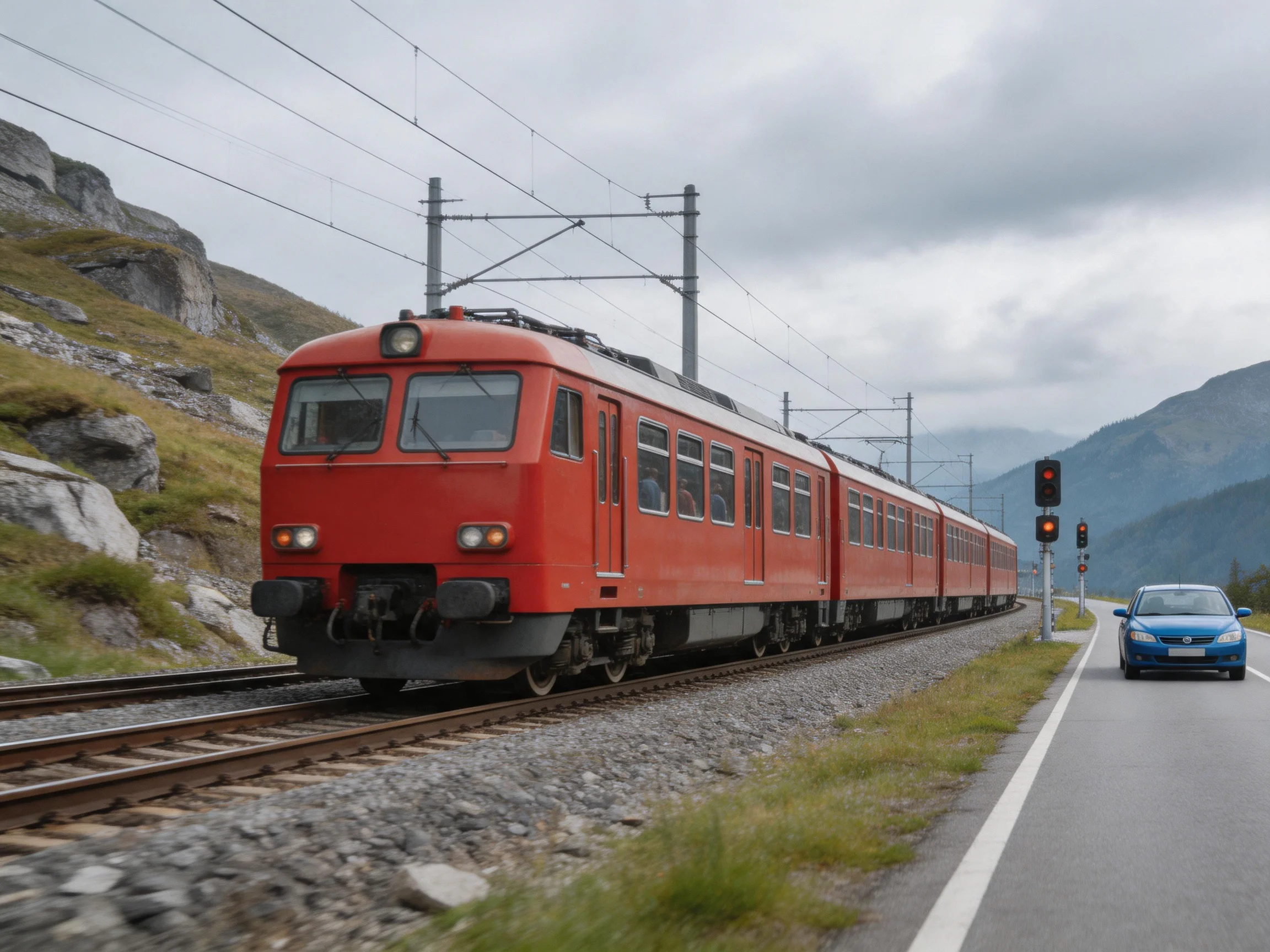 A bright red train travels alongside a mountain road with a blue car