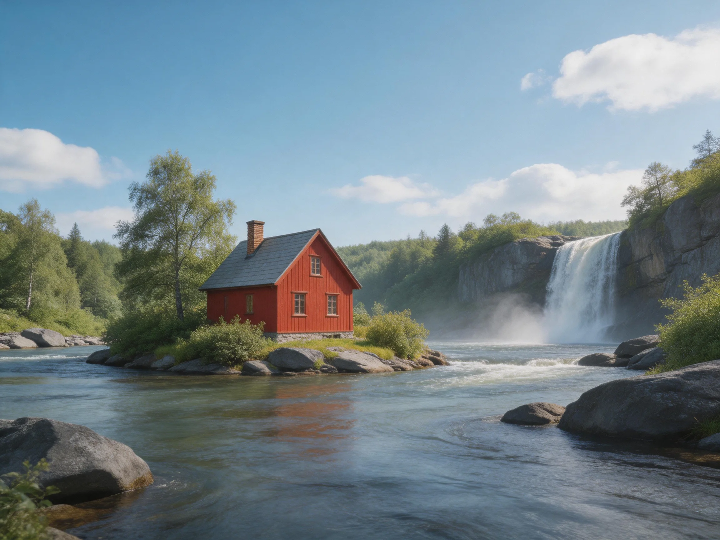 A bright red wooden cabin near a cascading waterfall by rocky shores