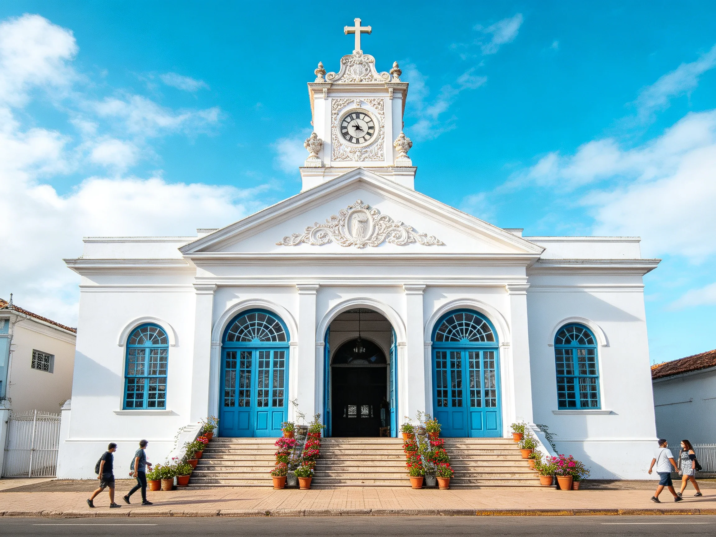 A bright white church with blue doors and a clock tower