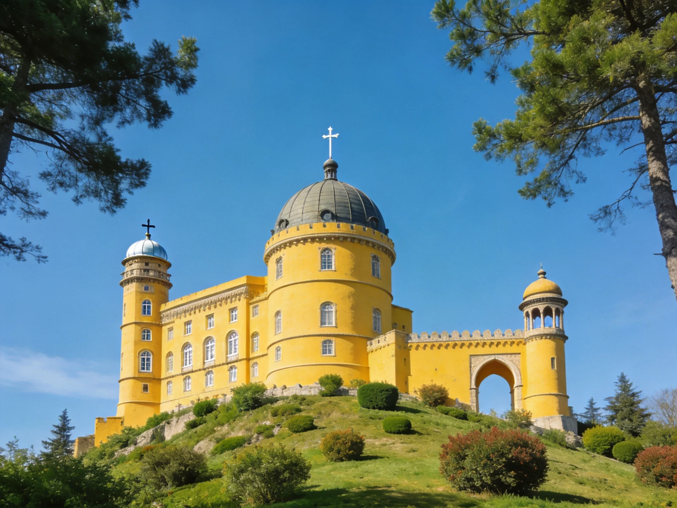 A bright yellow castle with domes sits atop a green hill