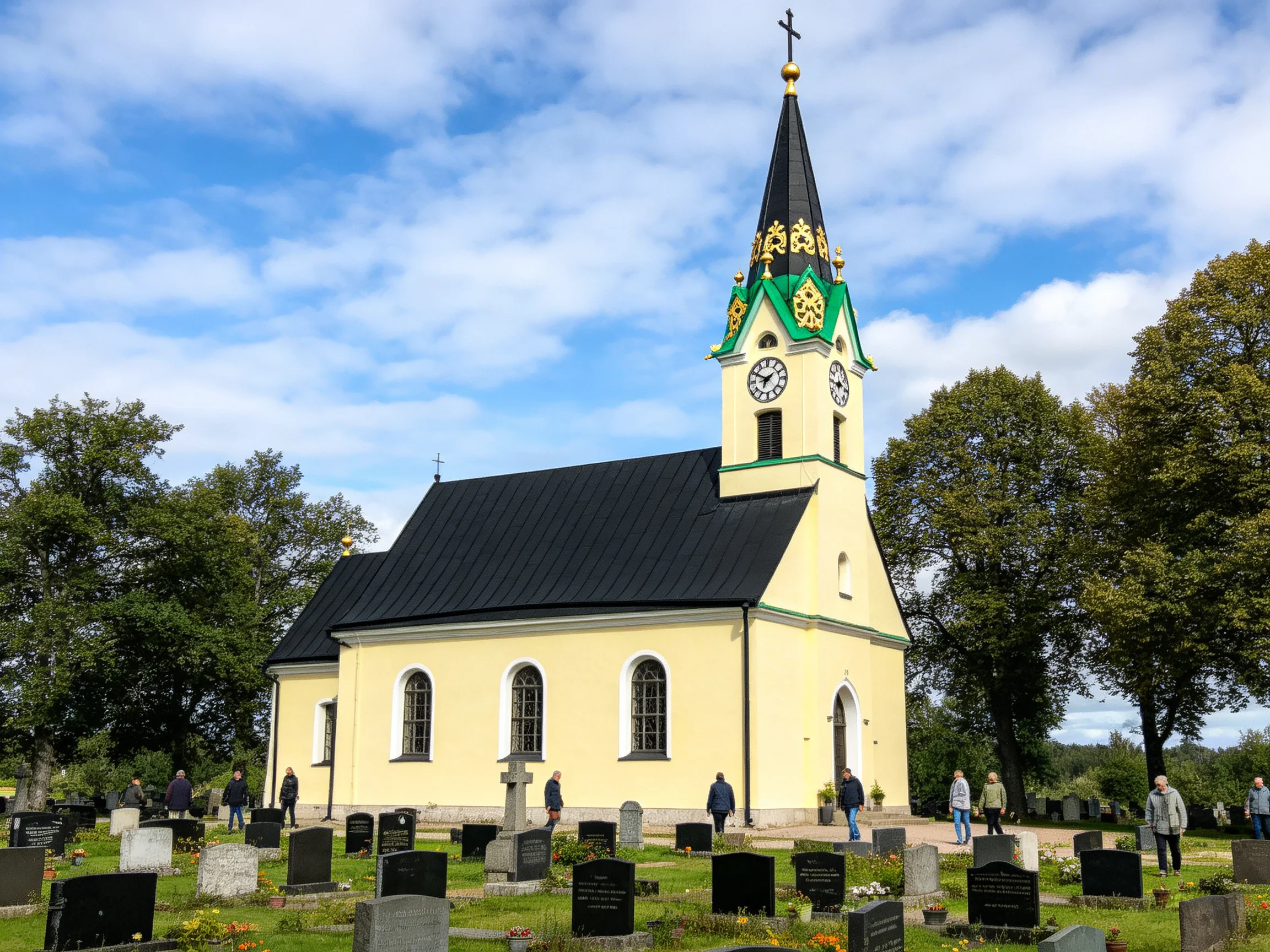 A bright yellow church with a black-topped clock tower near a graveyard