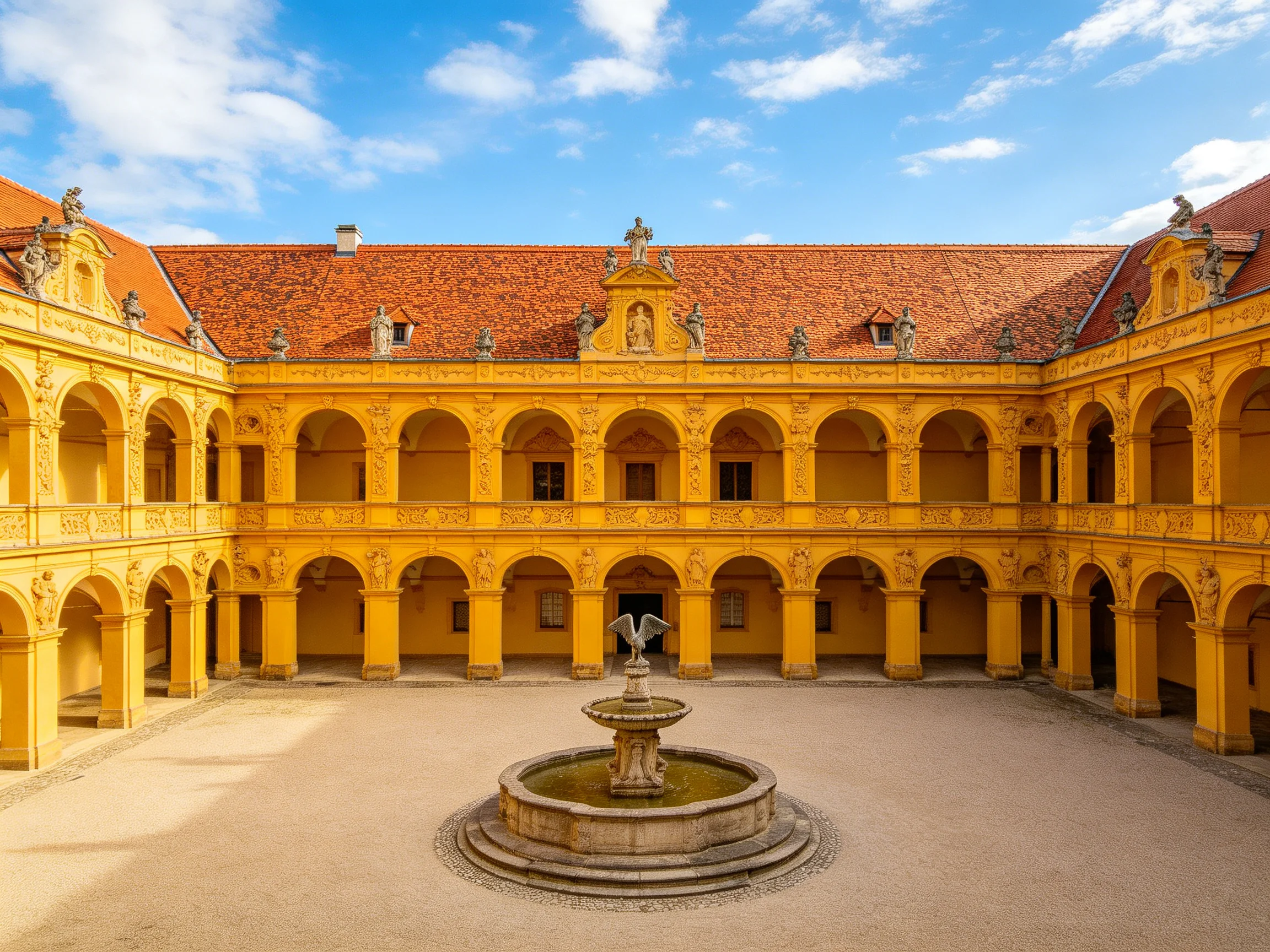 A bright yellow historic courtyard with ornate arches and central fountain