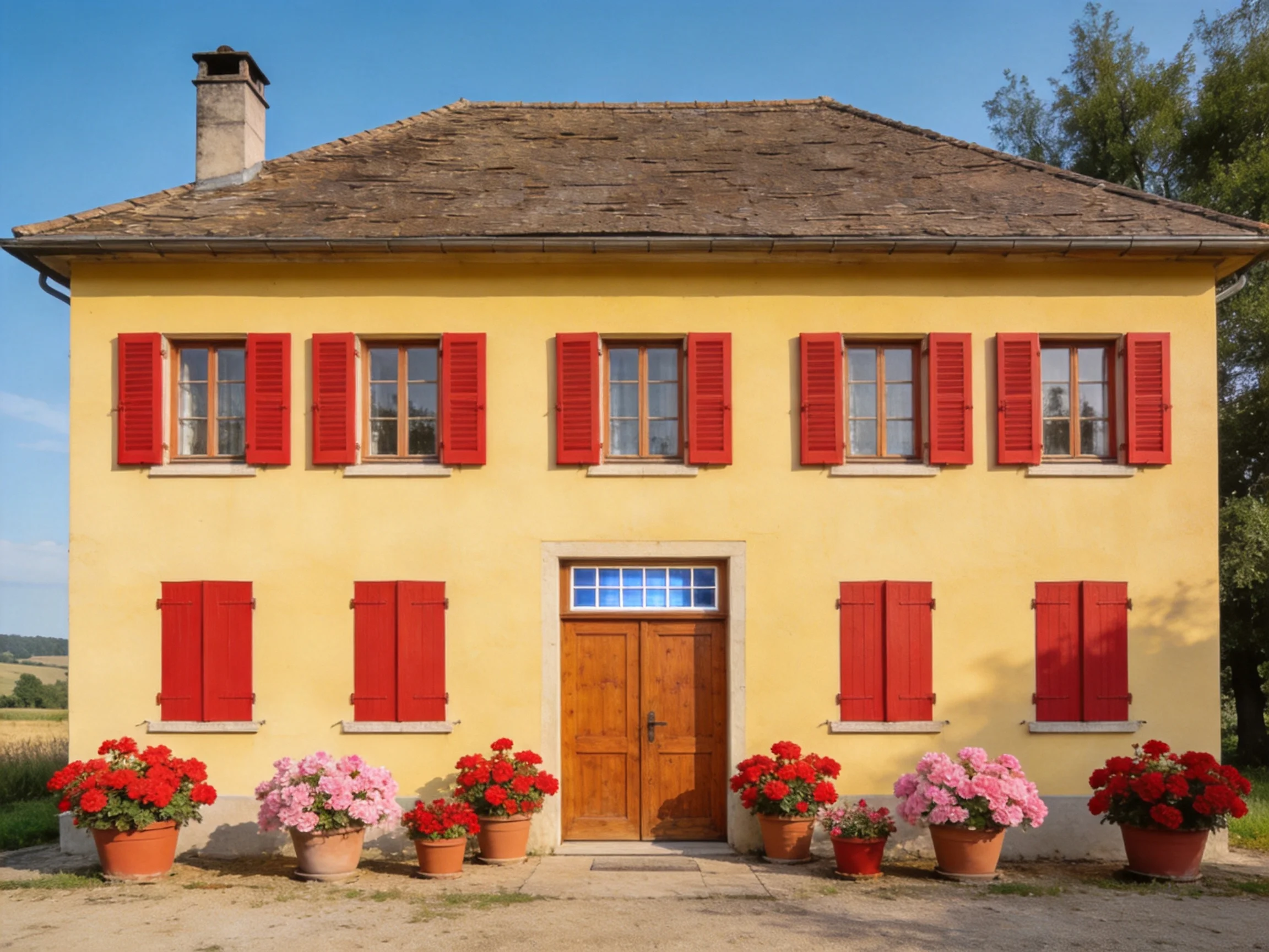 A bright yellow house with red shutters and flower pots