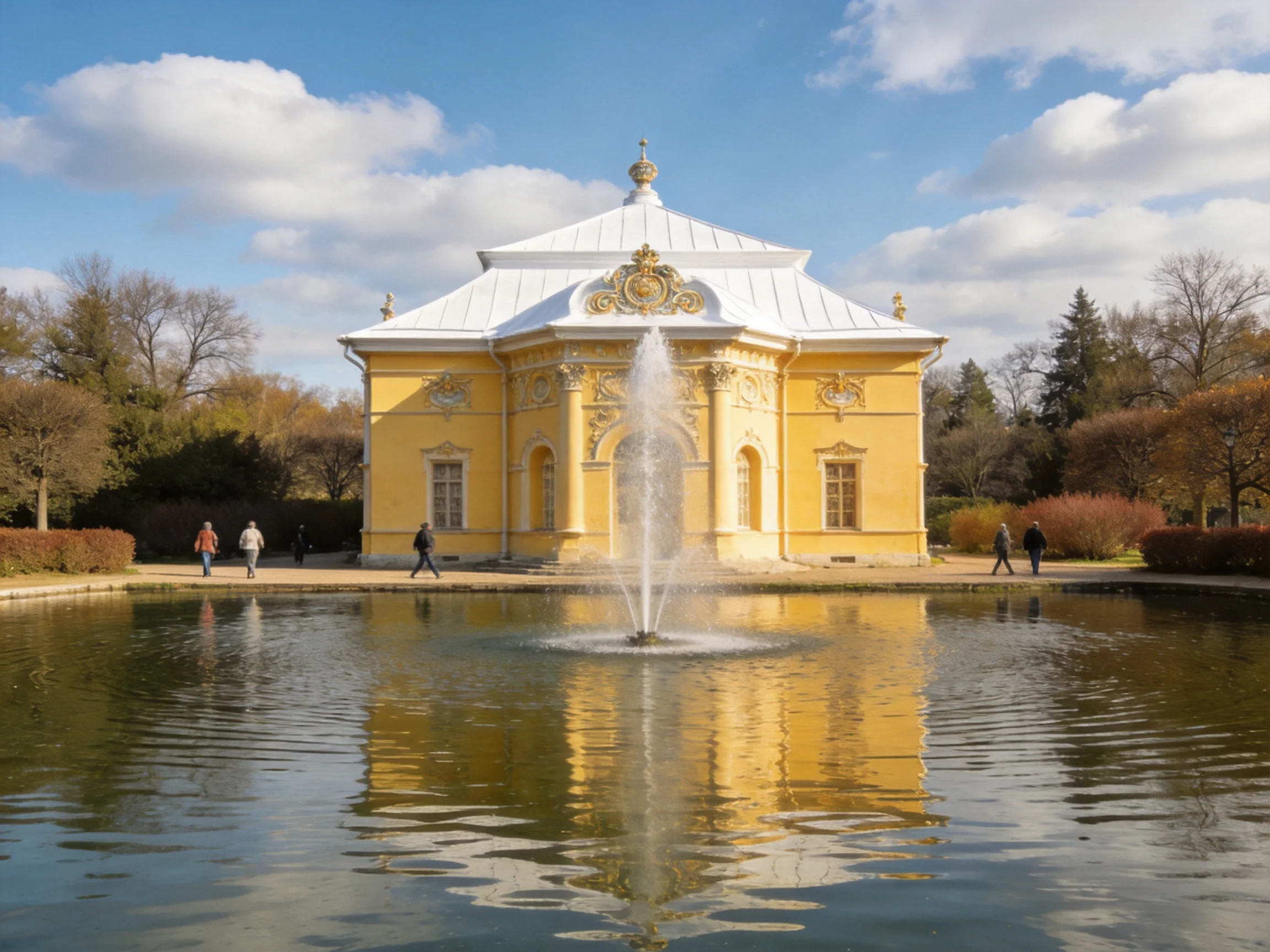 A bright yellow ornate pavilion near a central fountain