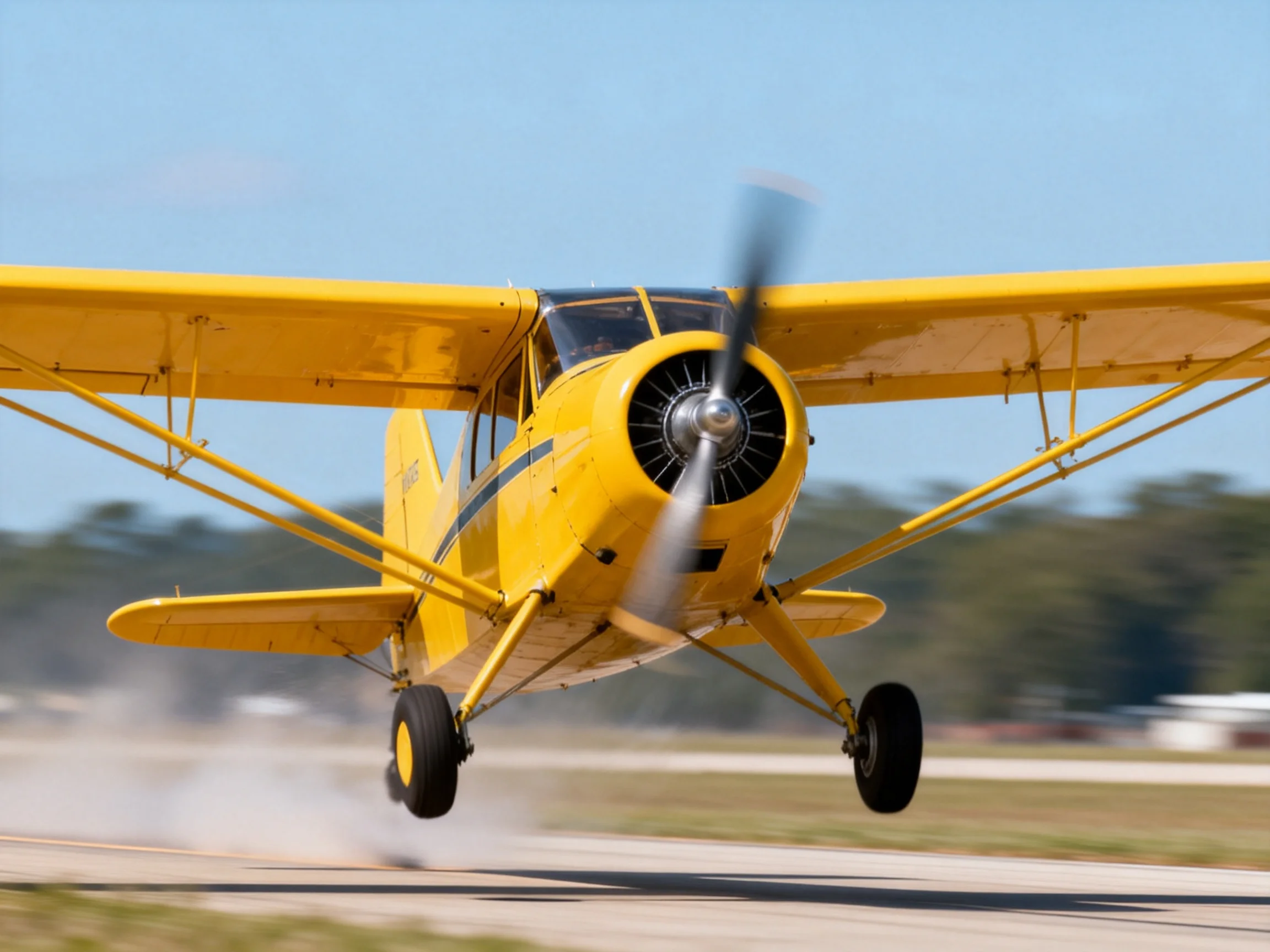 A bright yellow single-engine biplane landing on a runway