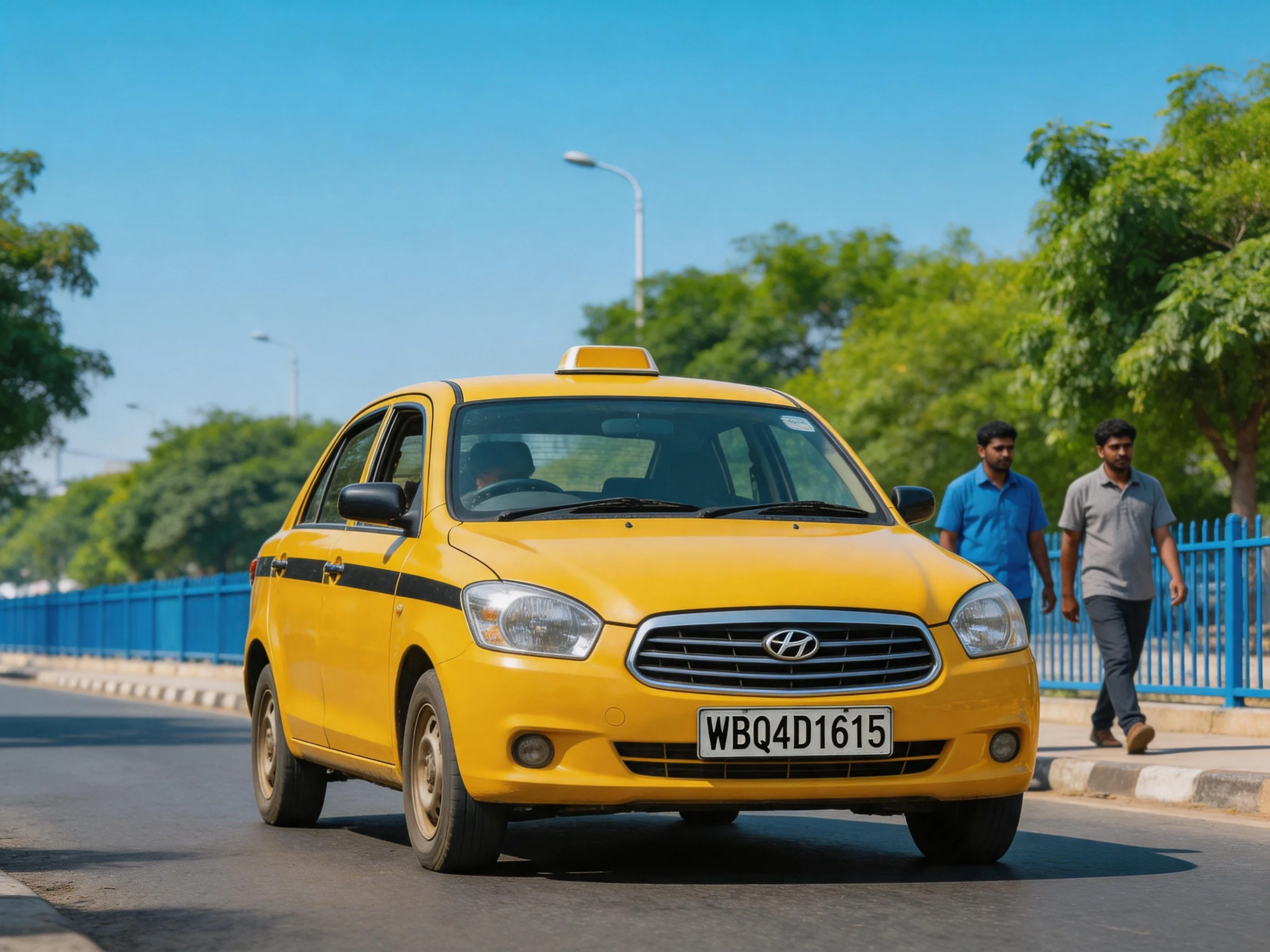 A bright yellow taxi drives past two pedestrians near a blue fence