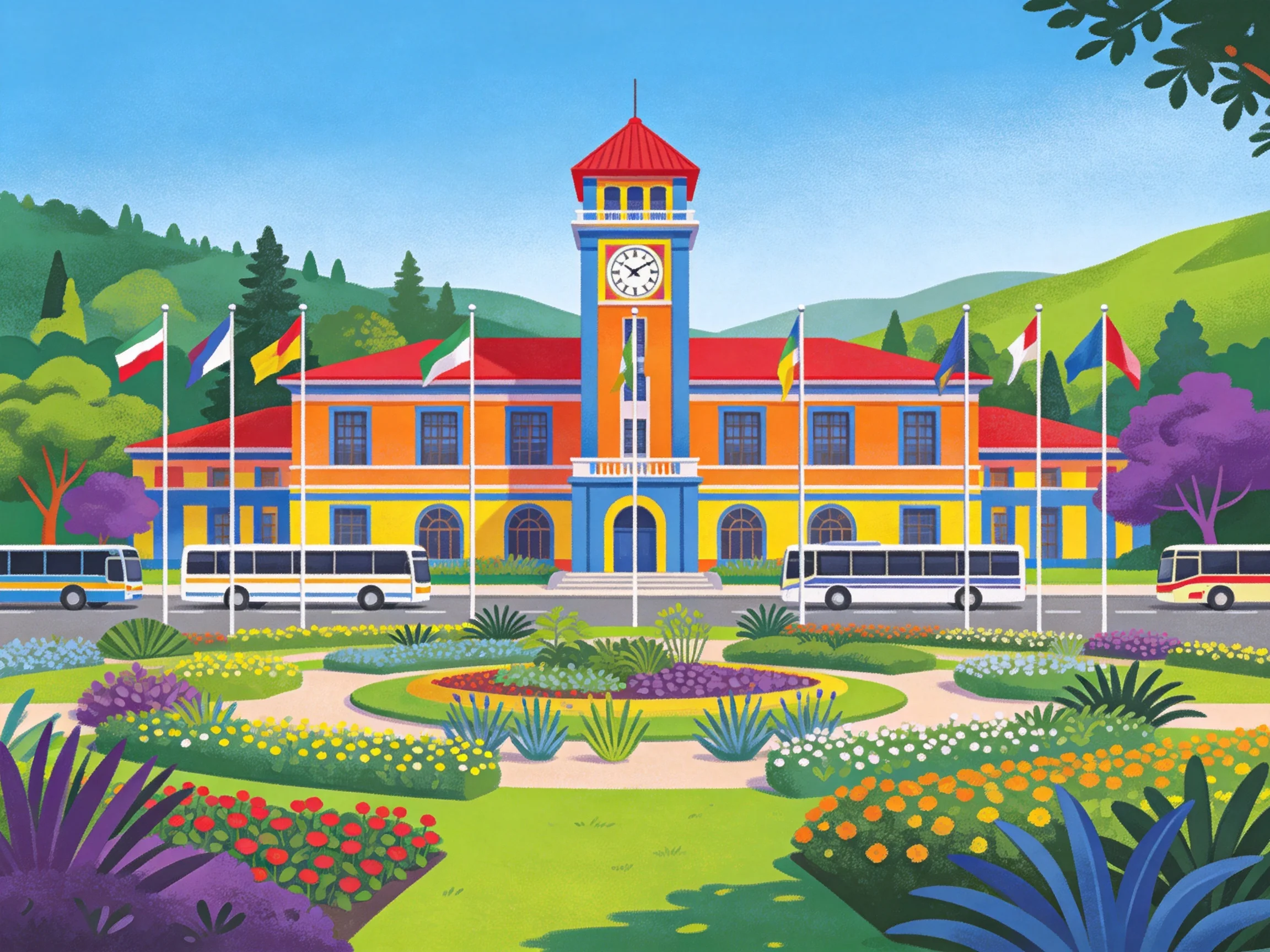 A brightly colored clock tower building with international flags and tour buses