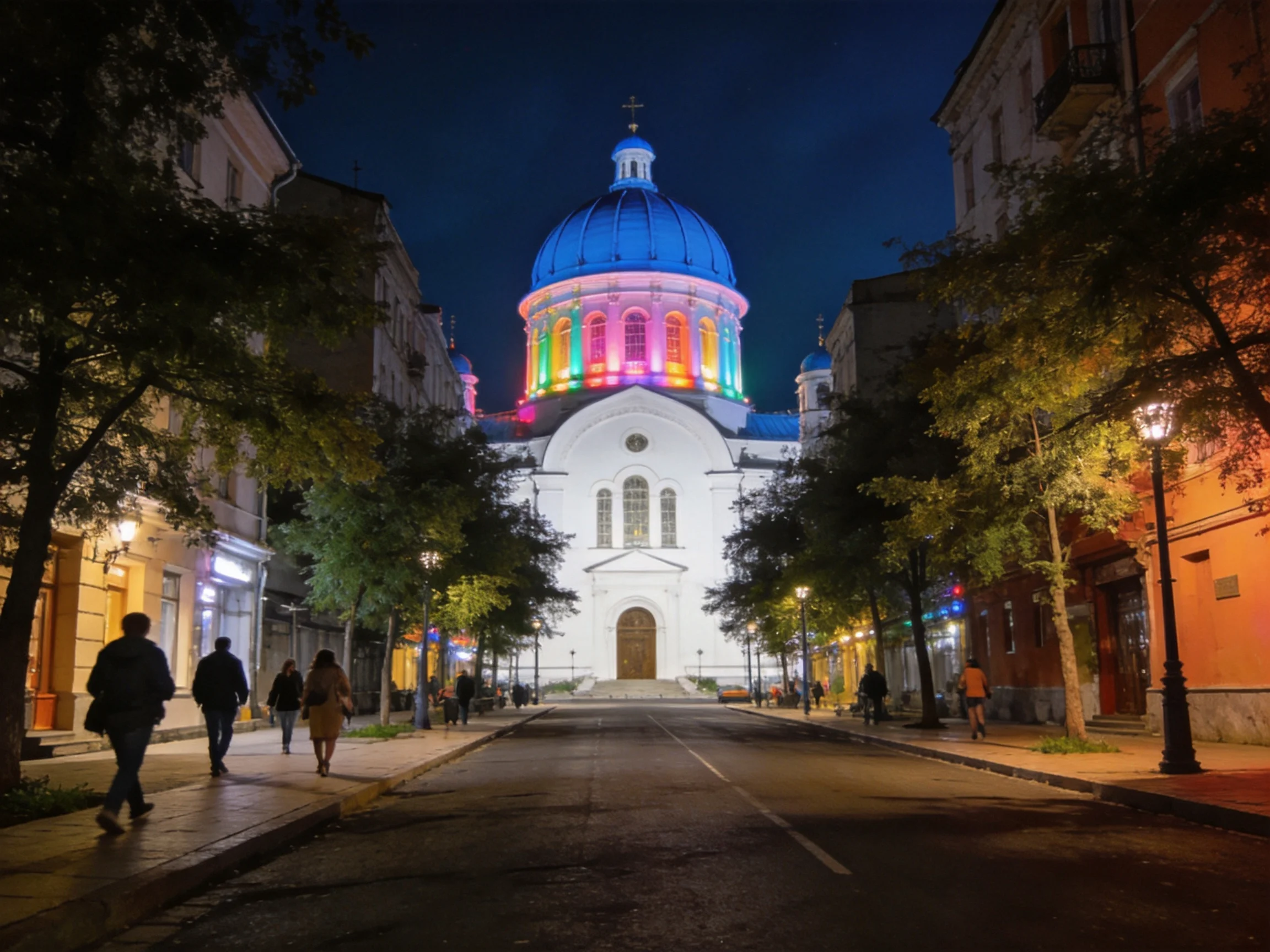 A brightly lit church with a rainbow-colored dome stands between city streets