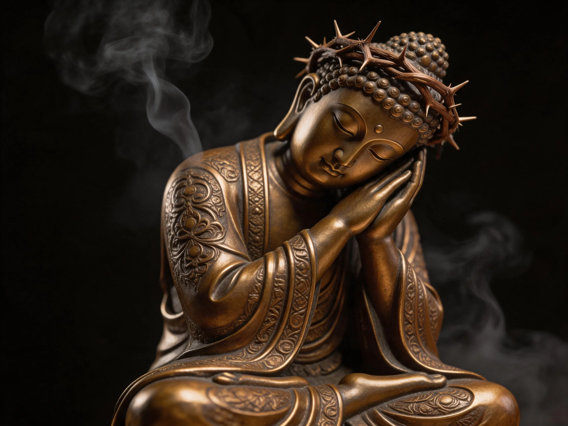 A bronze Buddha statue adorned with a crown of thorns, surrounded by wispy smoke