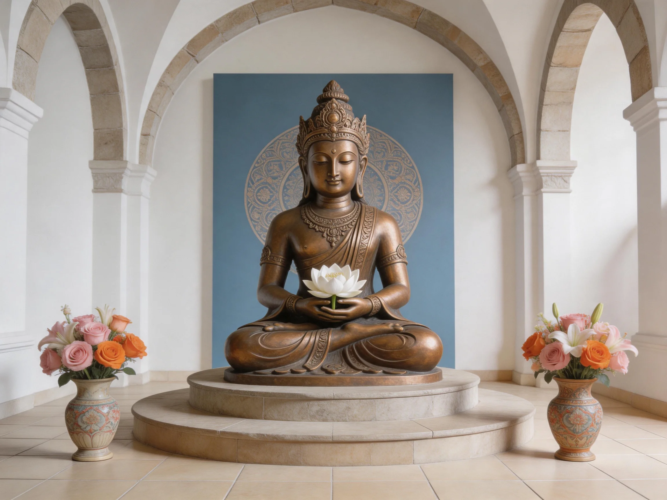 A bronze Buddha statue holding a white lotus beside two floral arrangements