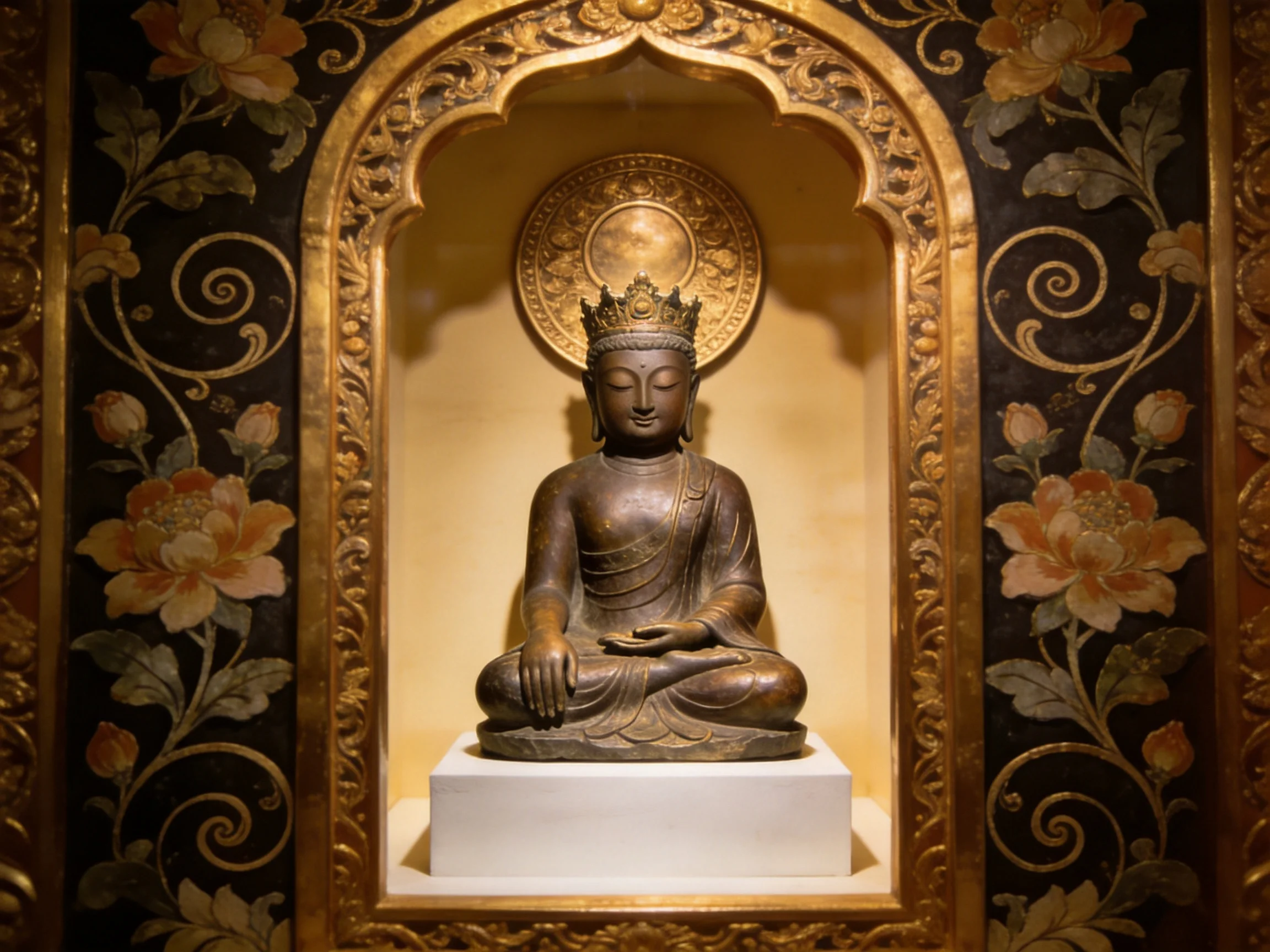 A bronze Buddha statue in an ornate golden shrine