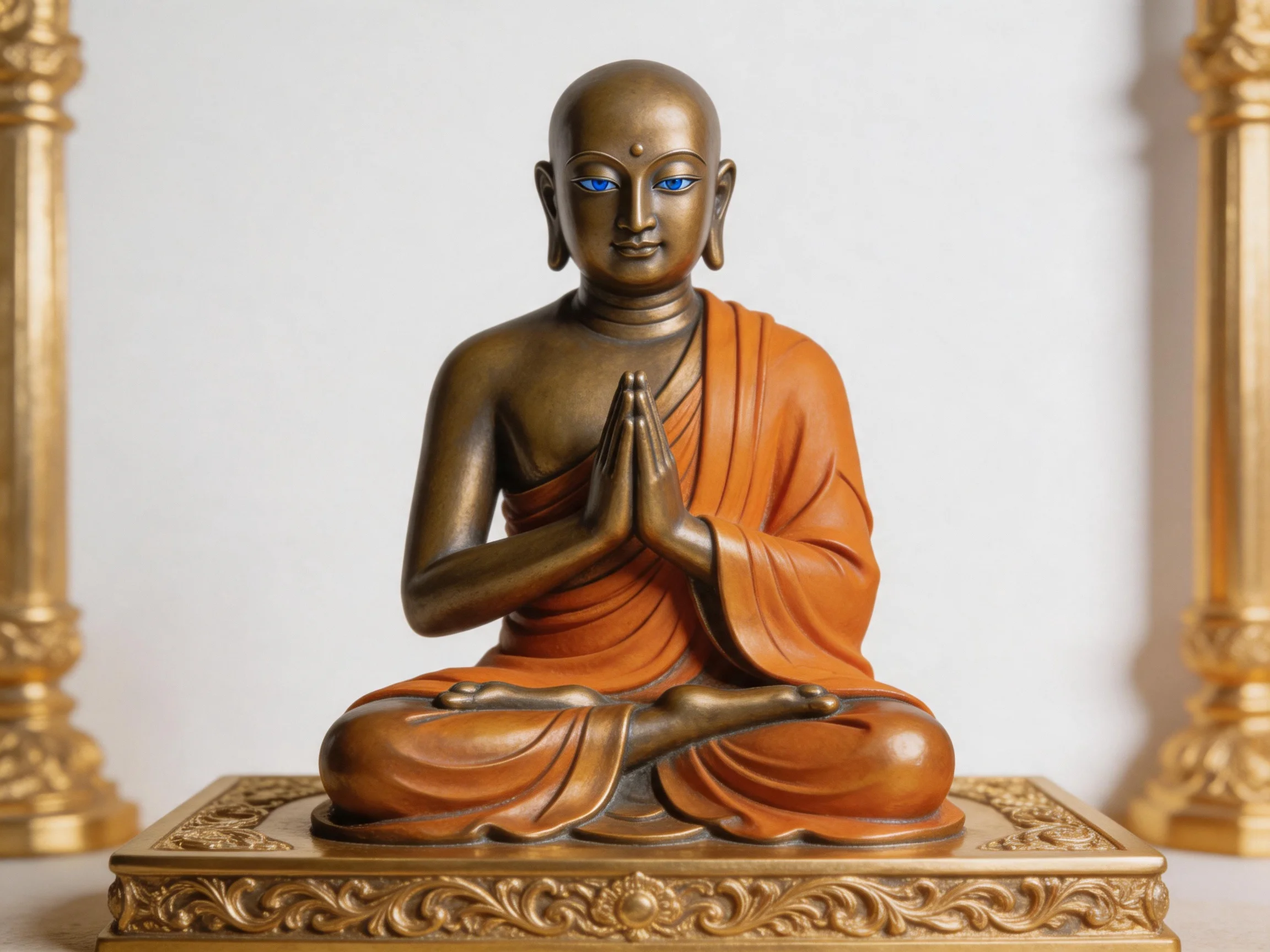 A bronze and orange - robed monk statue in prayer position with ornate golden base