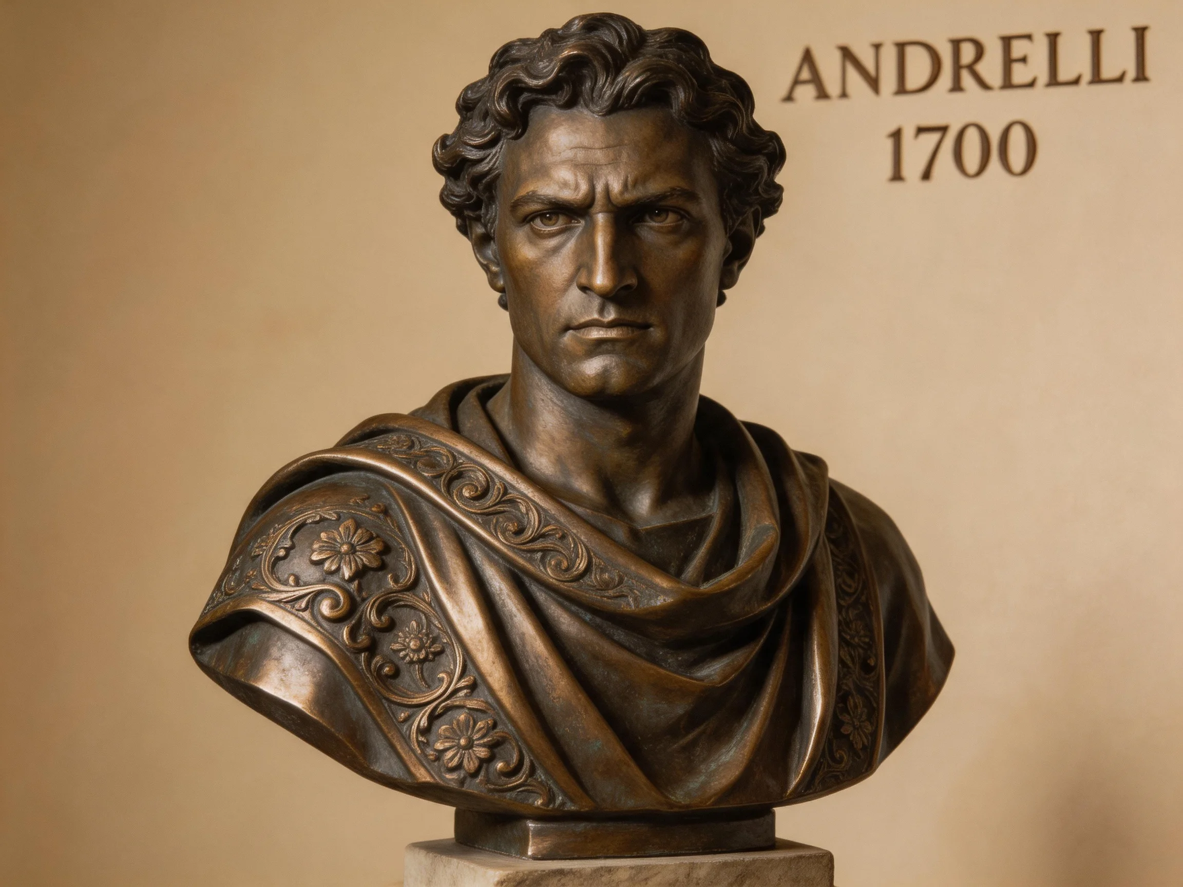 A bronze bust sculpture by Andrelli, dated 1700