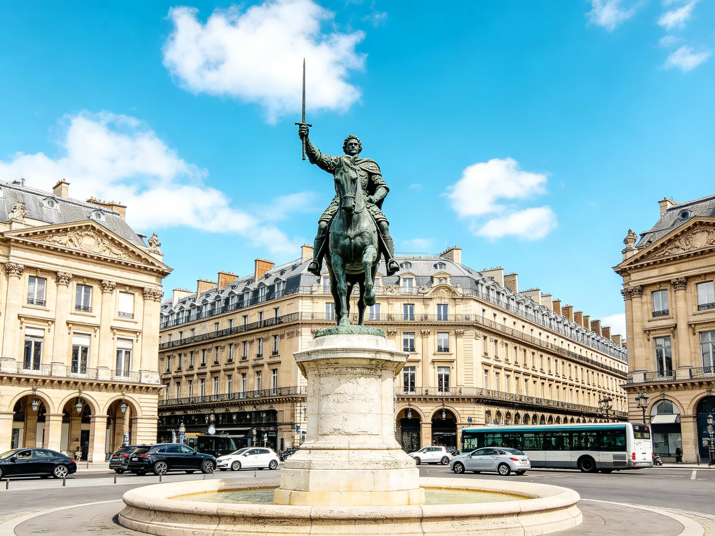 A bronze equestrian statue in a circular fountain amid historic beige buildings under sunny blue sky
