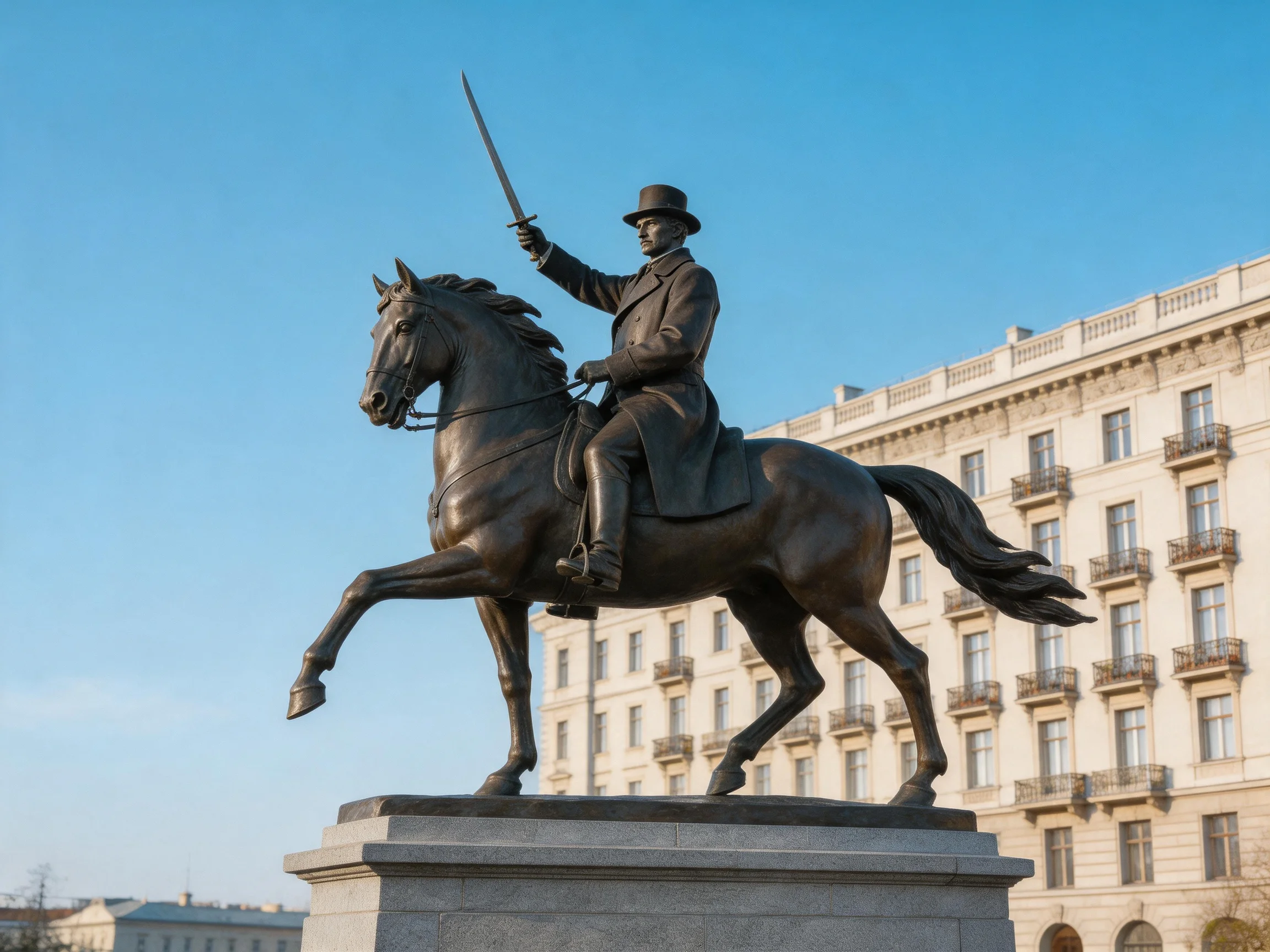 A bronze equestrian statue of a man in a long coat and top hat