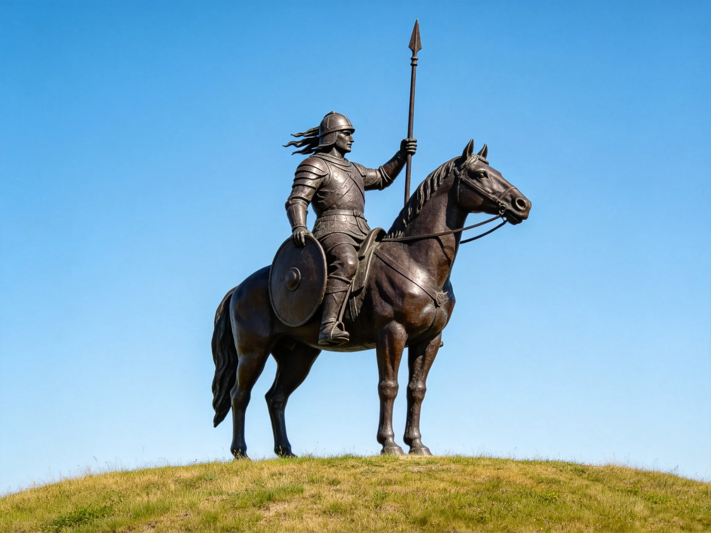 A bronze equestrian statue of a medieval knight with spear and shield atop a grassy mound