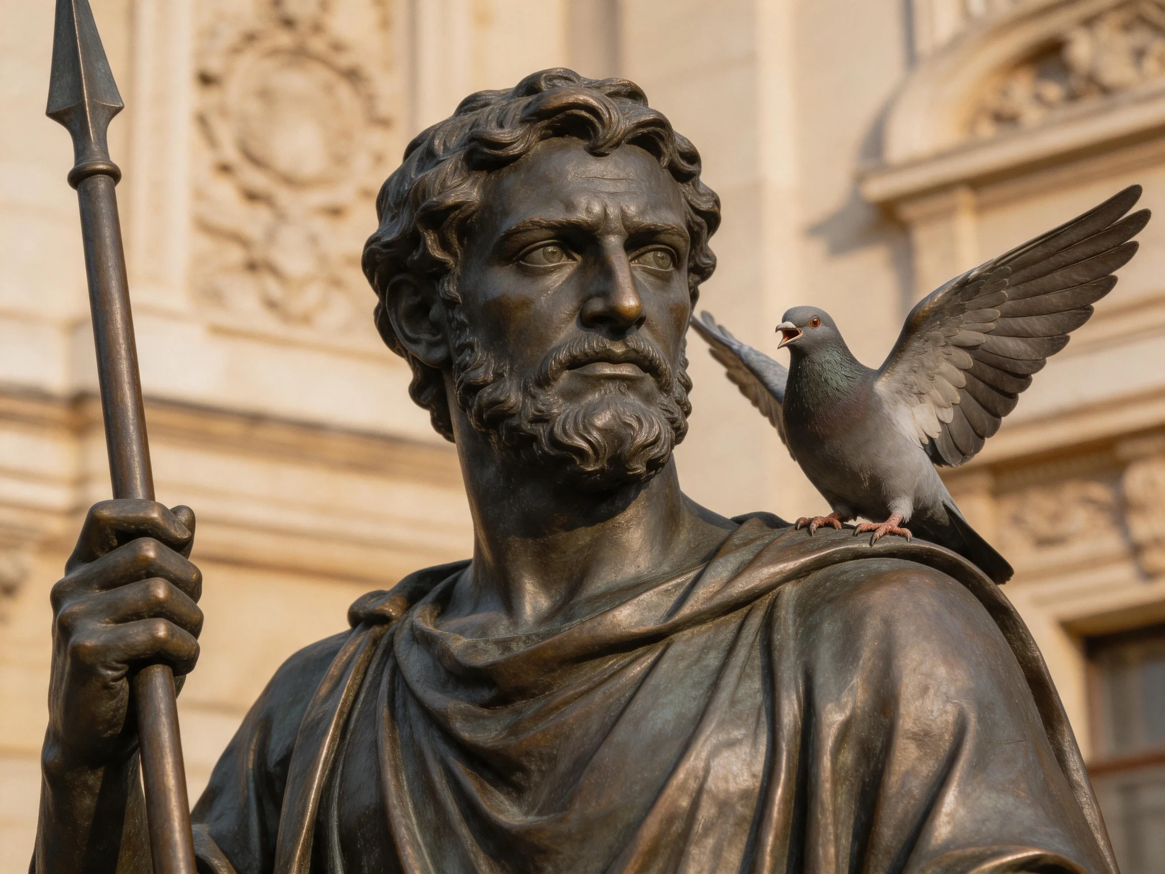 A bronze statue of a bearded man with a gray pigeon perched on his shoulder