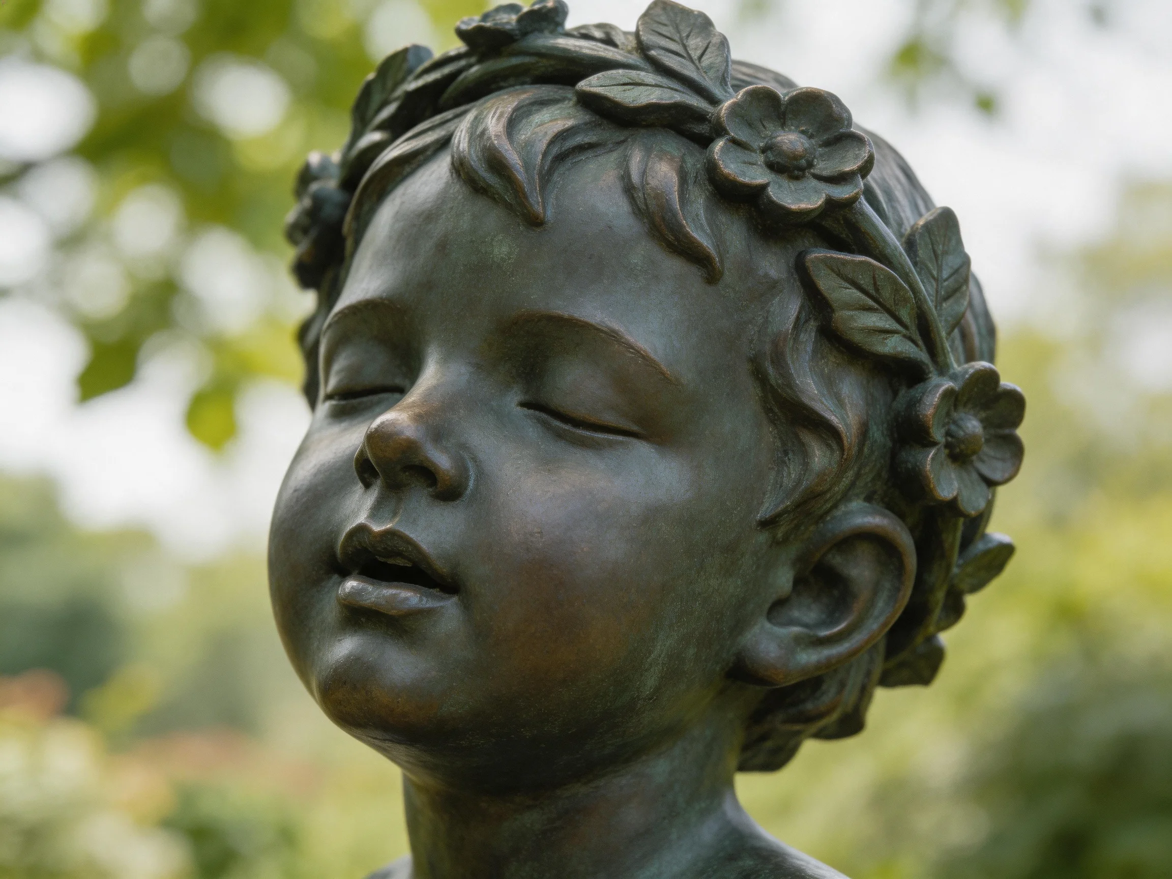 A bronze statue of a child adorned with flower decorations outdoors