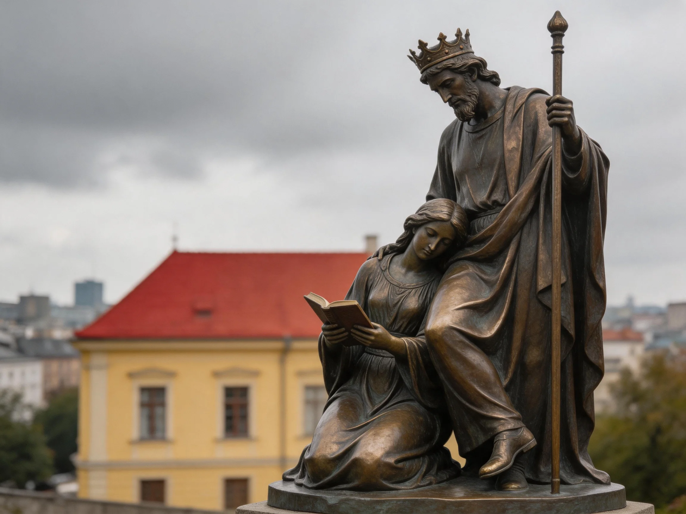 A bronze statue of a crowned man and woman reading by a yellow building