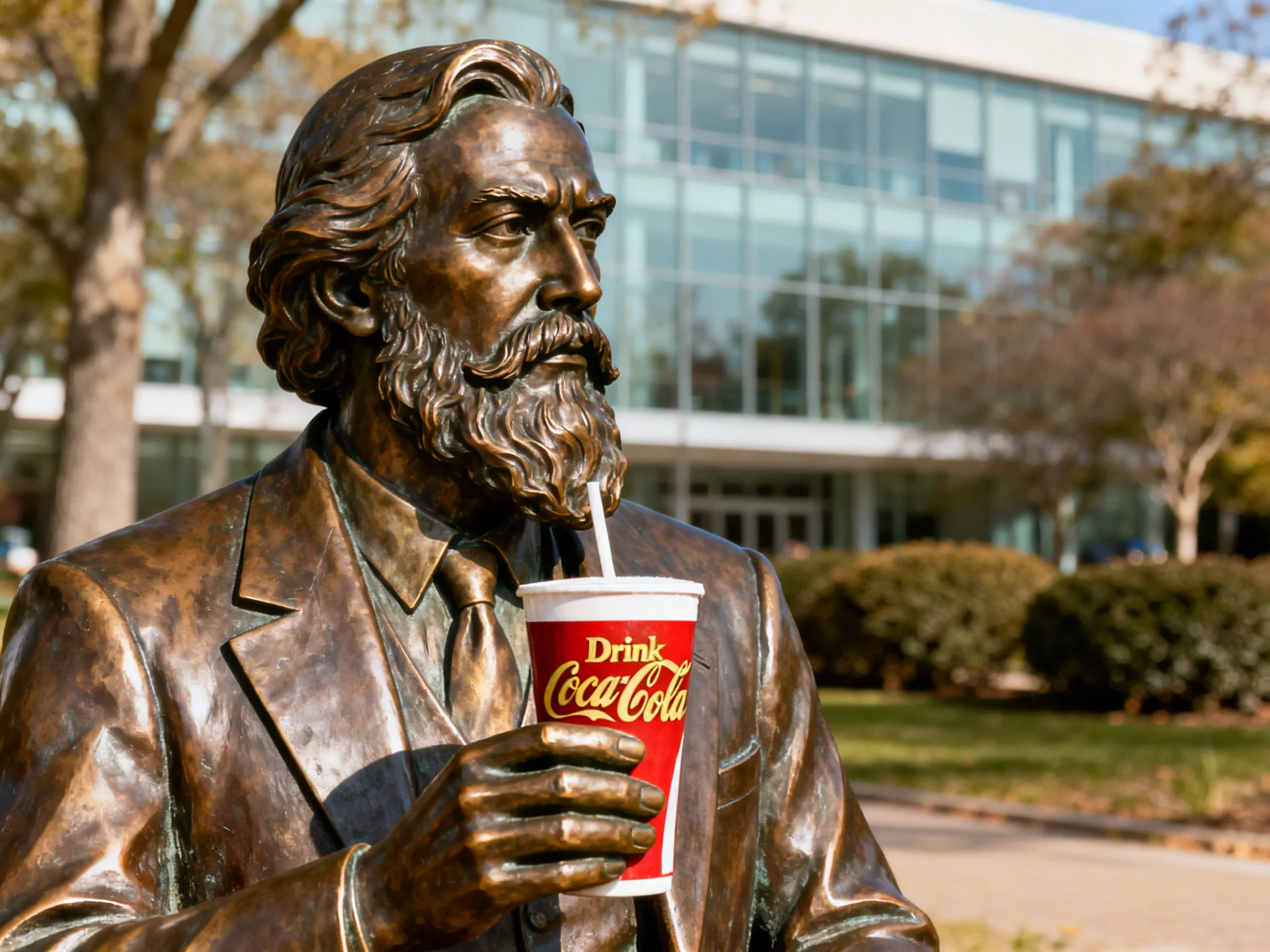 A bronze statue of a man in a suit drinking from a red Coca - Cola cup