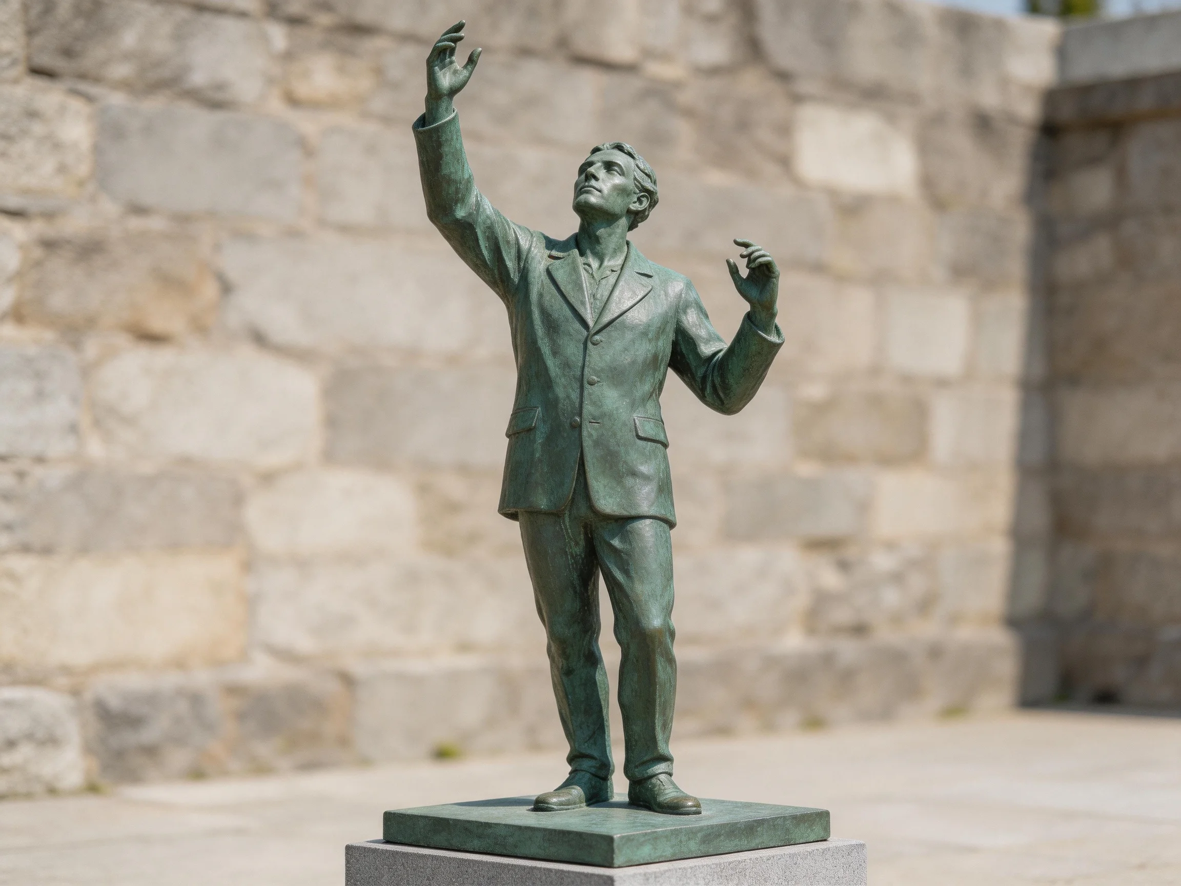 A bronze statue of a suited man reaching upward near a stone wall