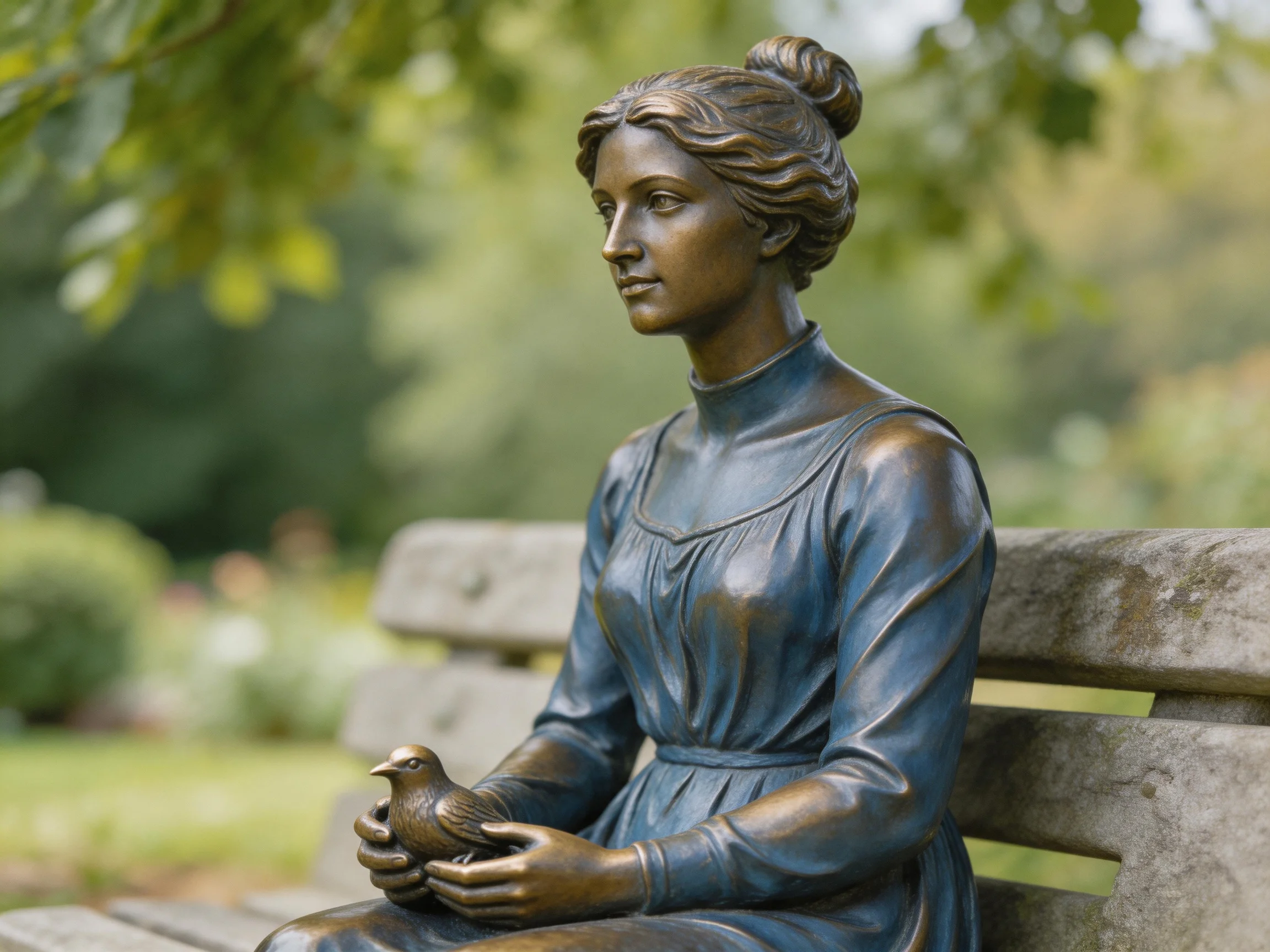 A bronze statue of a woman holding a bird sits on a stone bench